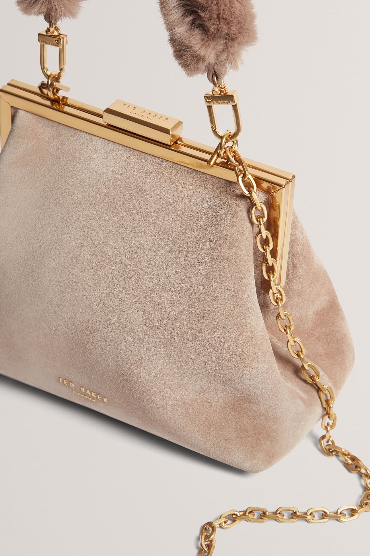 LEATHER SUEDE FUR HANDLE CLUTCH BAG TAUPE 3