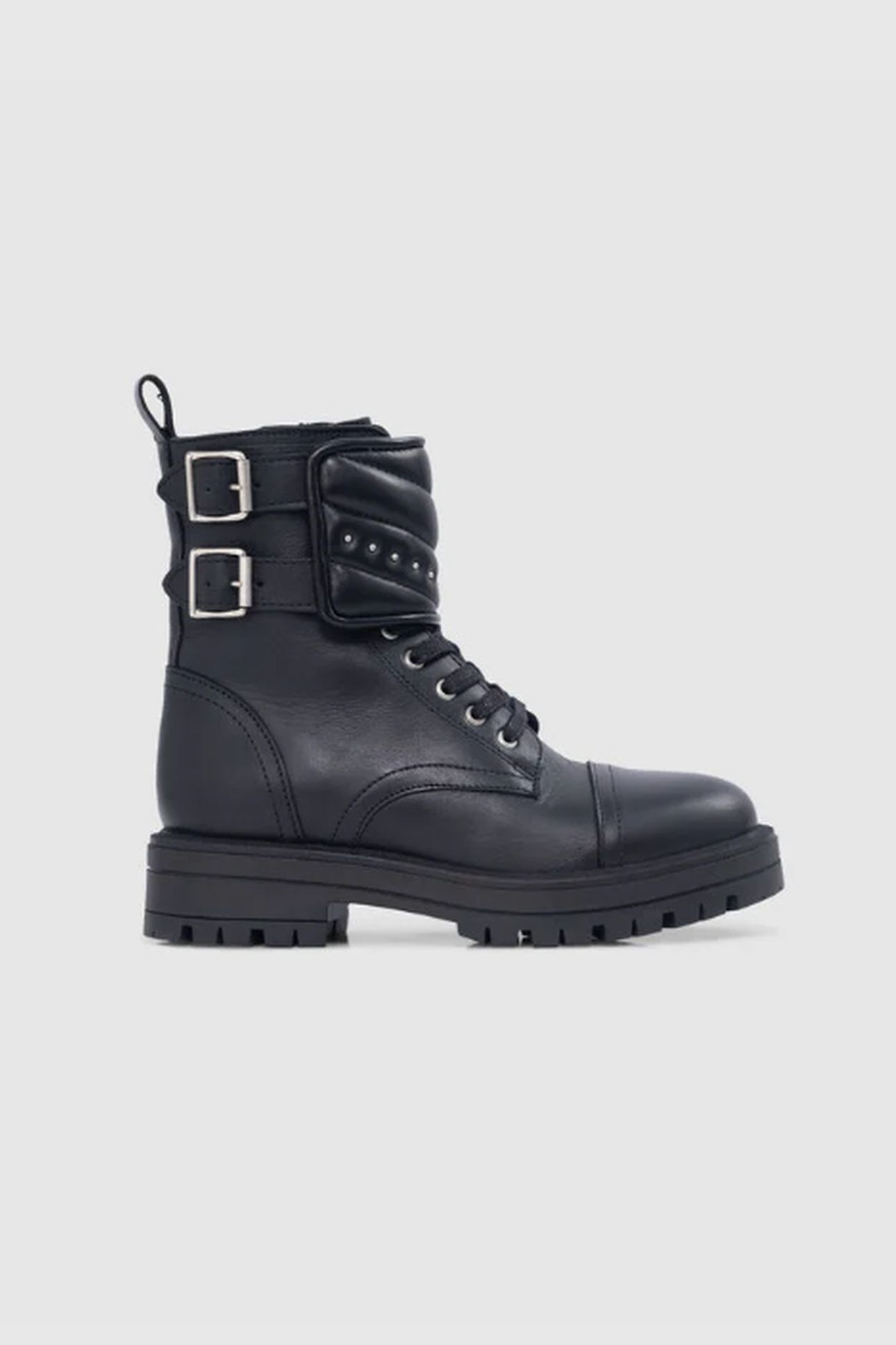 GIRLS’ BLACK LEATHER STORY STUDDED LEATHER COMBAT BOOTS 1