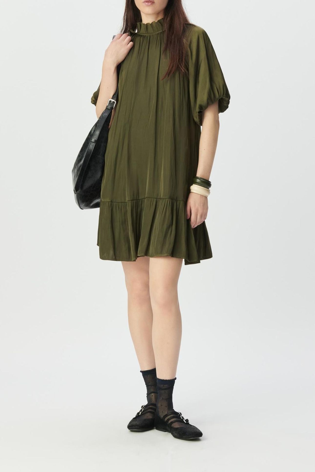 KHAKI FLOWING DRESS WITH BALLOON SLEEVES 3