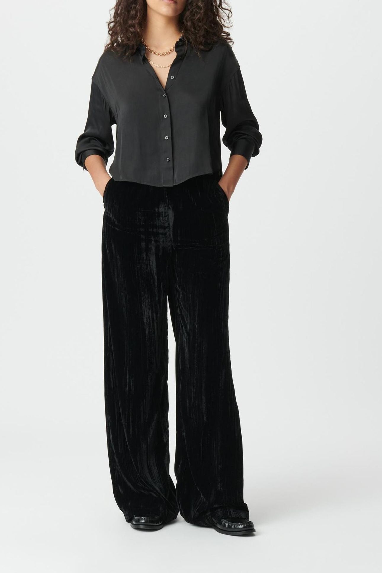 BLACK CRUSHED VELVET WIDE-LEG TROUSERS 3