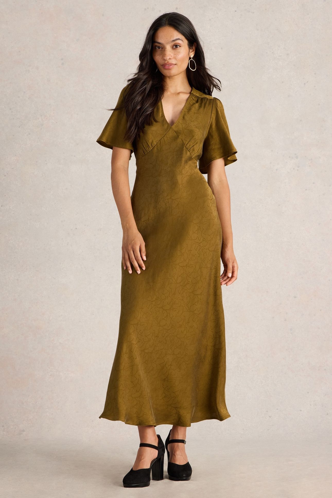 DARCY BIAS CUT DRESS KHAKI GRN 1