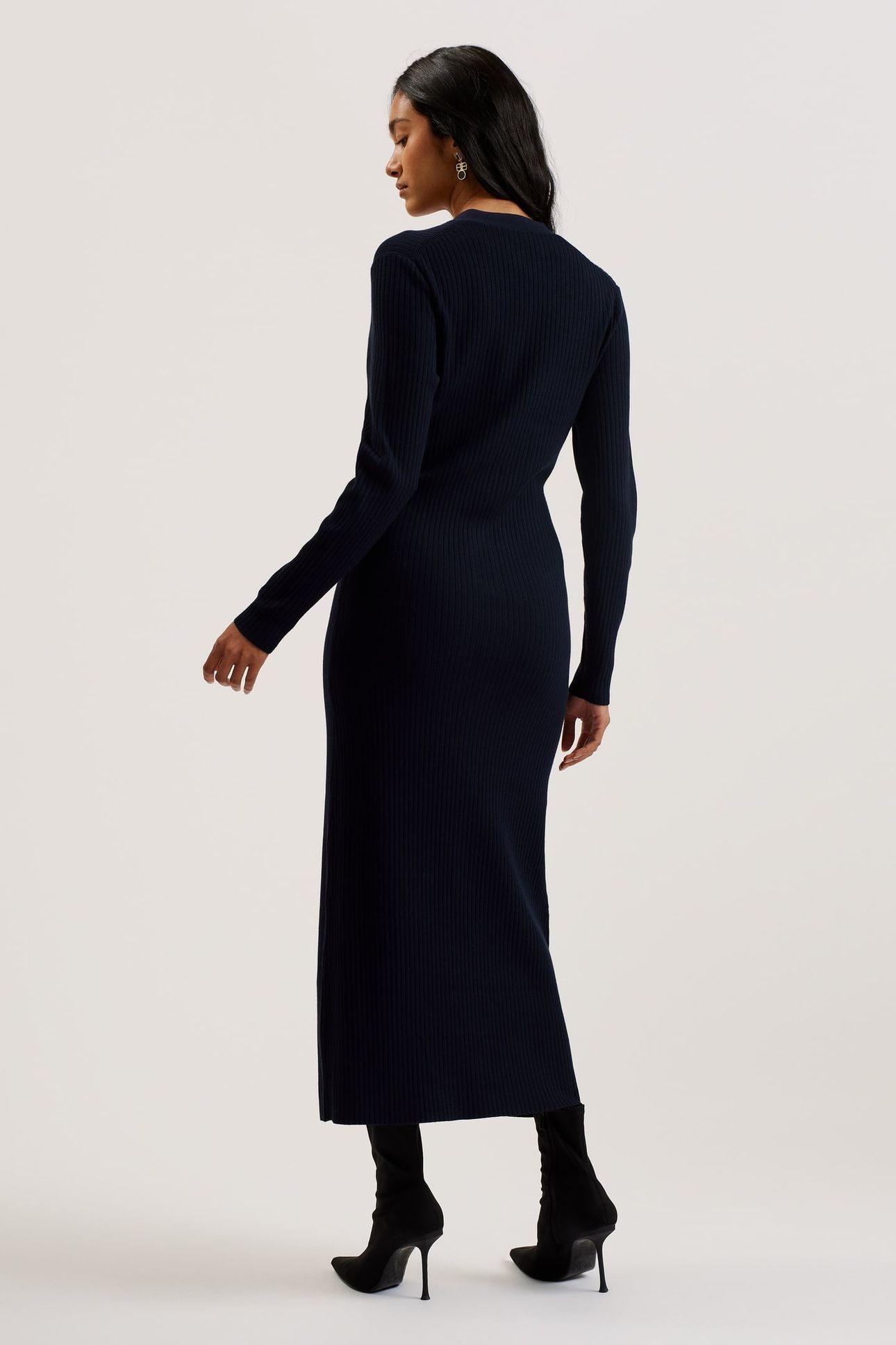 ELMHAA RIBBED KNITTED V NECK MAXI CARDIGAN NAVY 2