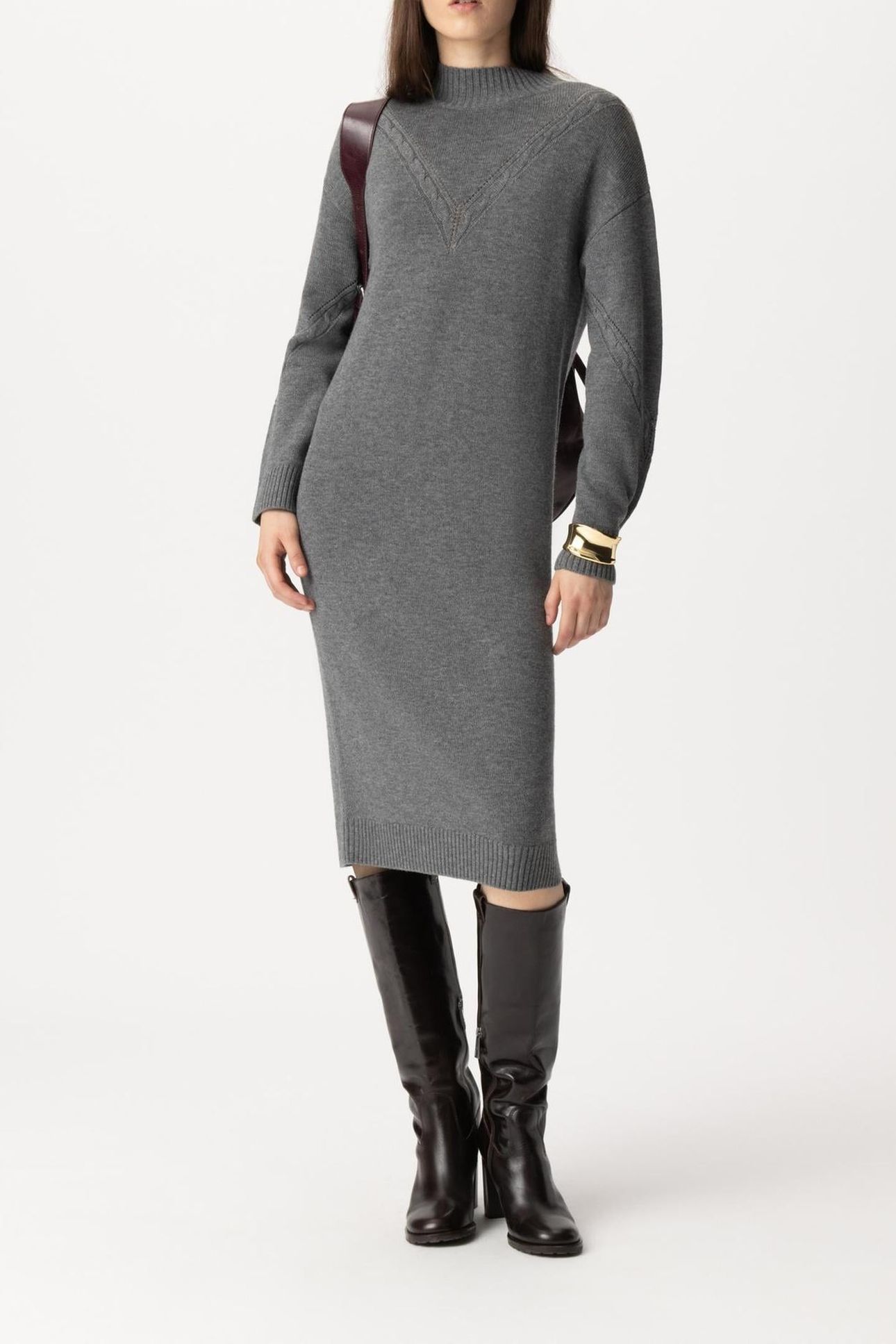 BEIGE SWEATER DRESS WITH PLACED CABLE KNIT 1