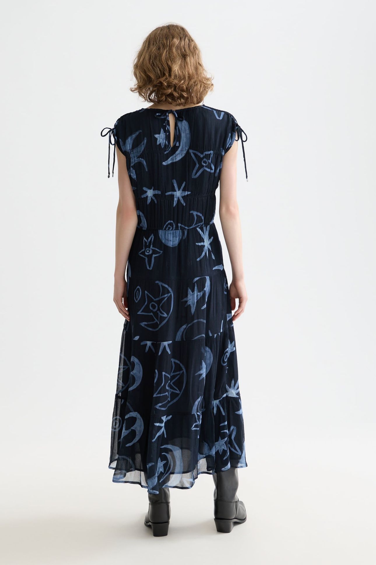 GATHERED WITH TIES MIDI DRESS COSMIC SKY SPACED CARBON 2