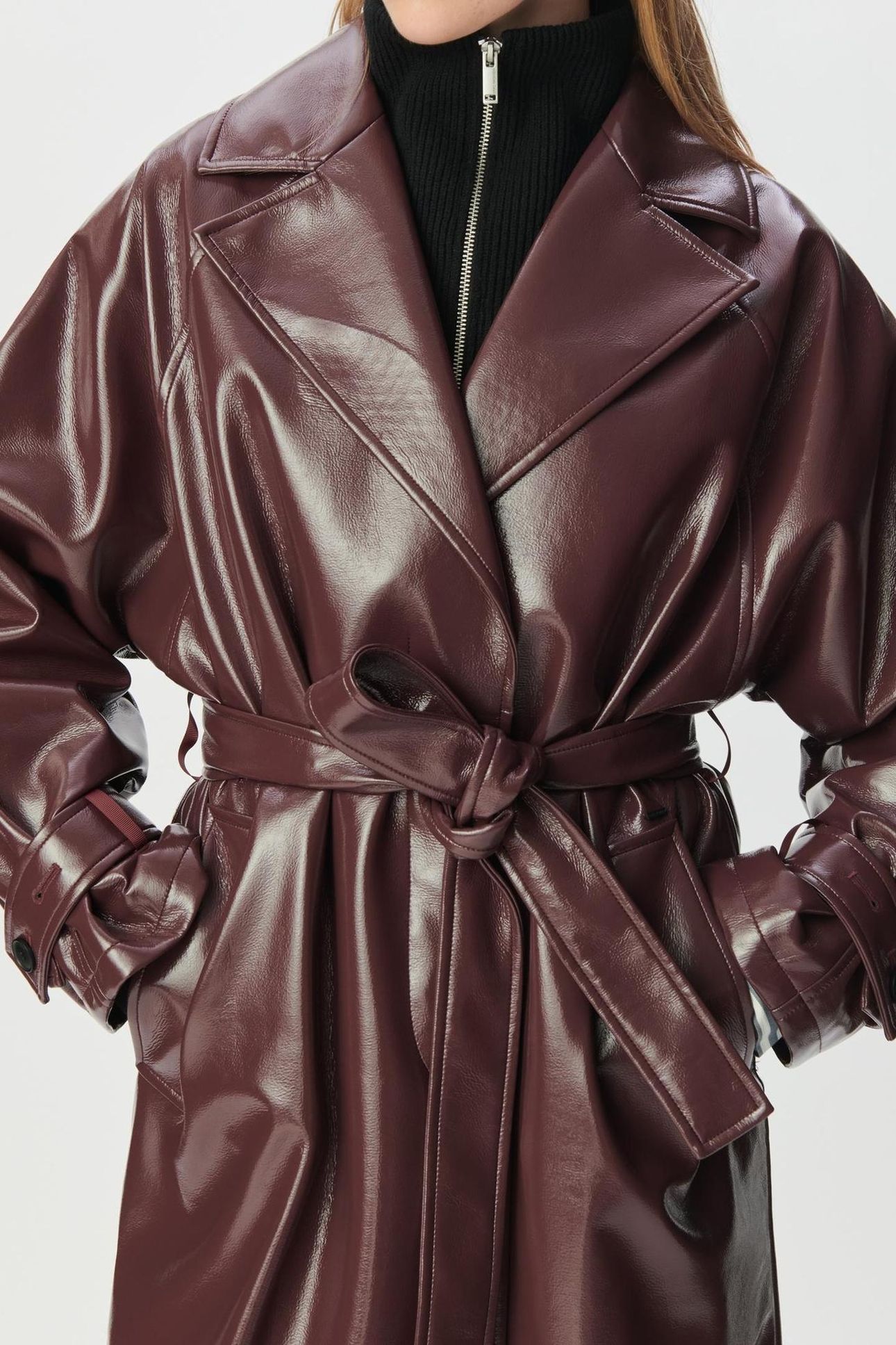 BURGUNDY VINYL-STYLE LONG TRENCH COAT 6