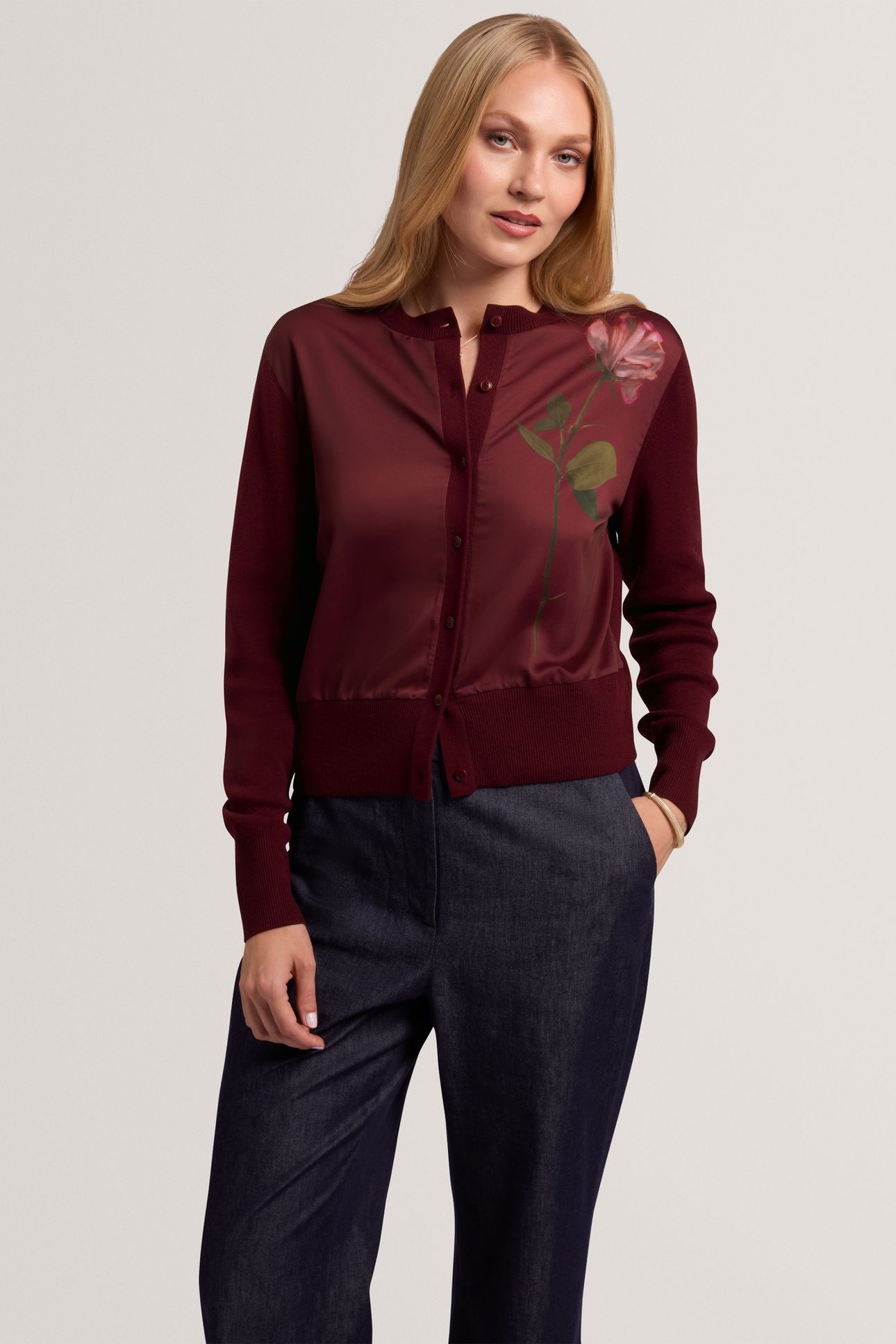 FLORAL PRINTED WOVEN FRONT CARDIGAN MAROON 1
