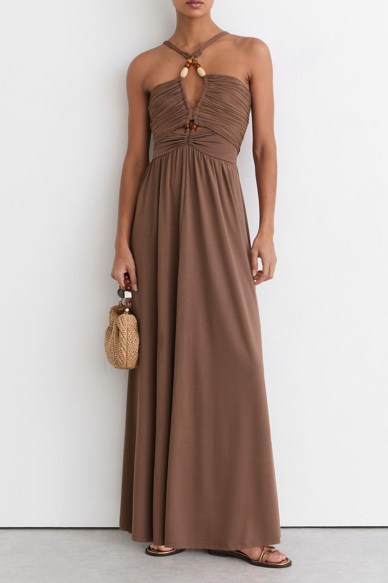 BEADED JERSEY MAXI DRESS TAUPE BROWN 2