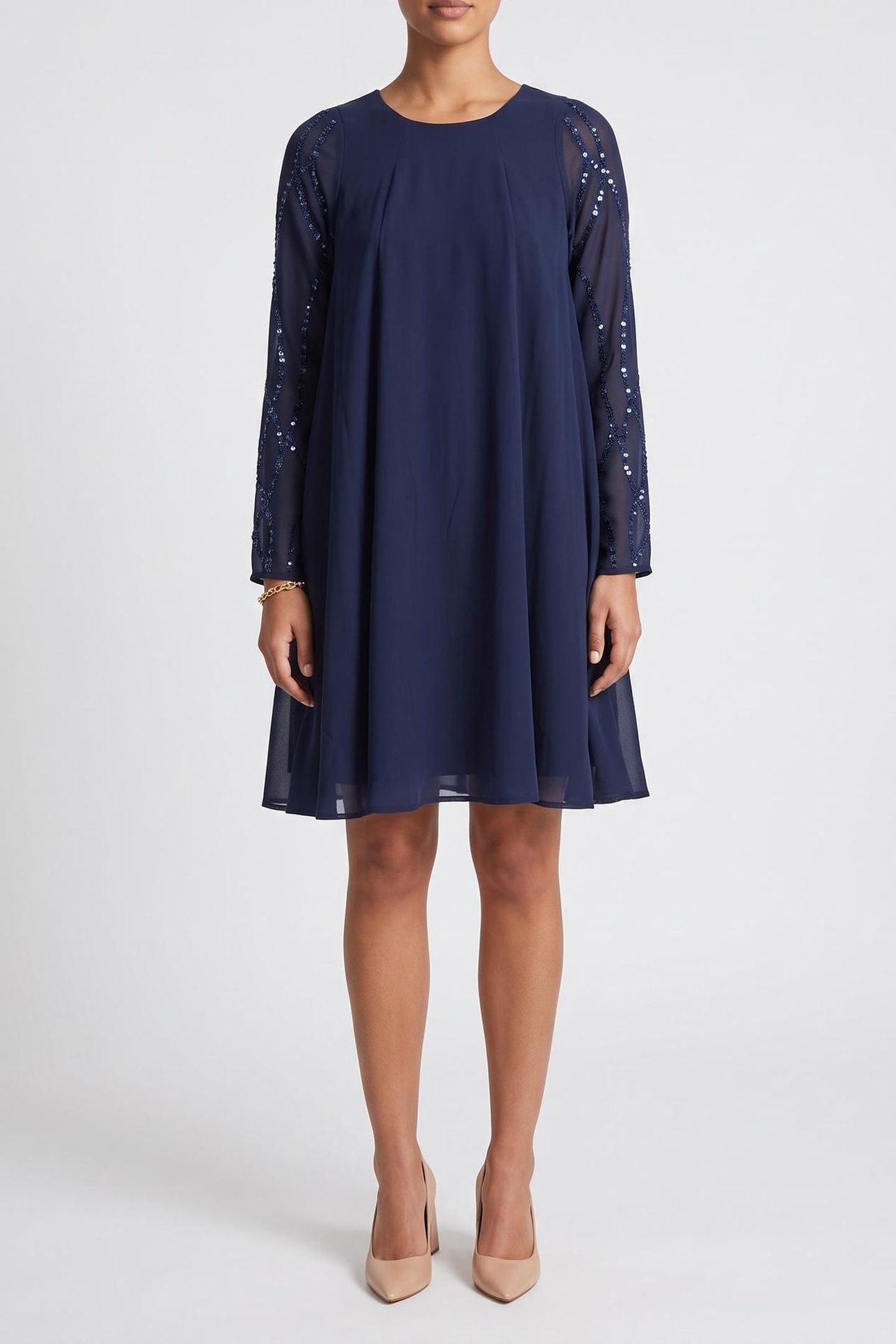 RAFFY - NAVY DRESS WITH EMBROIDERED SEQUIN SLEEVES 1