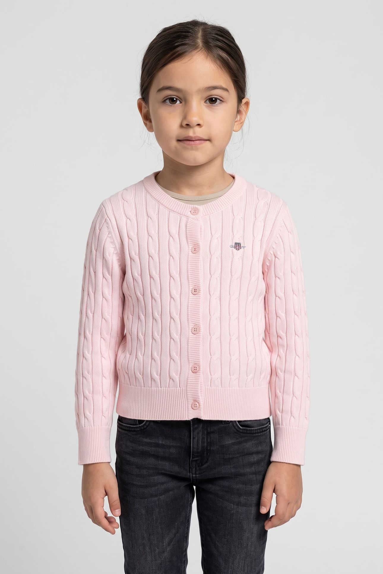 KIDS GIRLS SHIELD CABLE KNIT CARDIGAN LIGHT PINK 1
