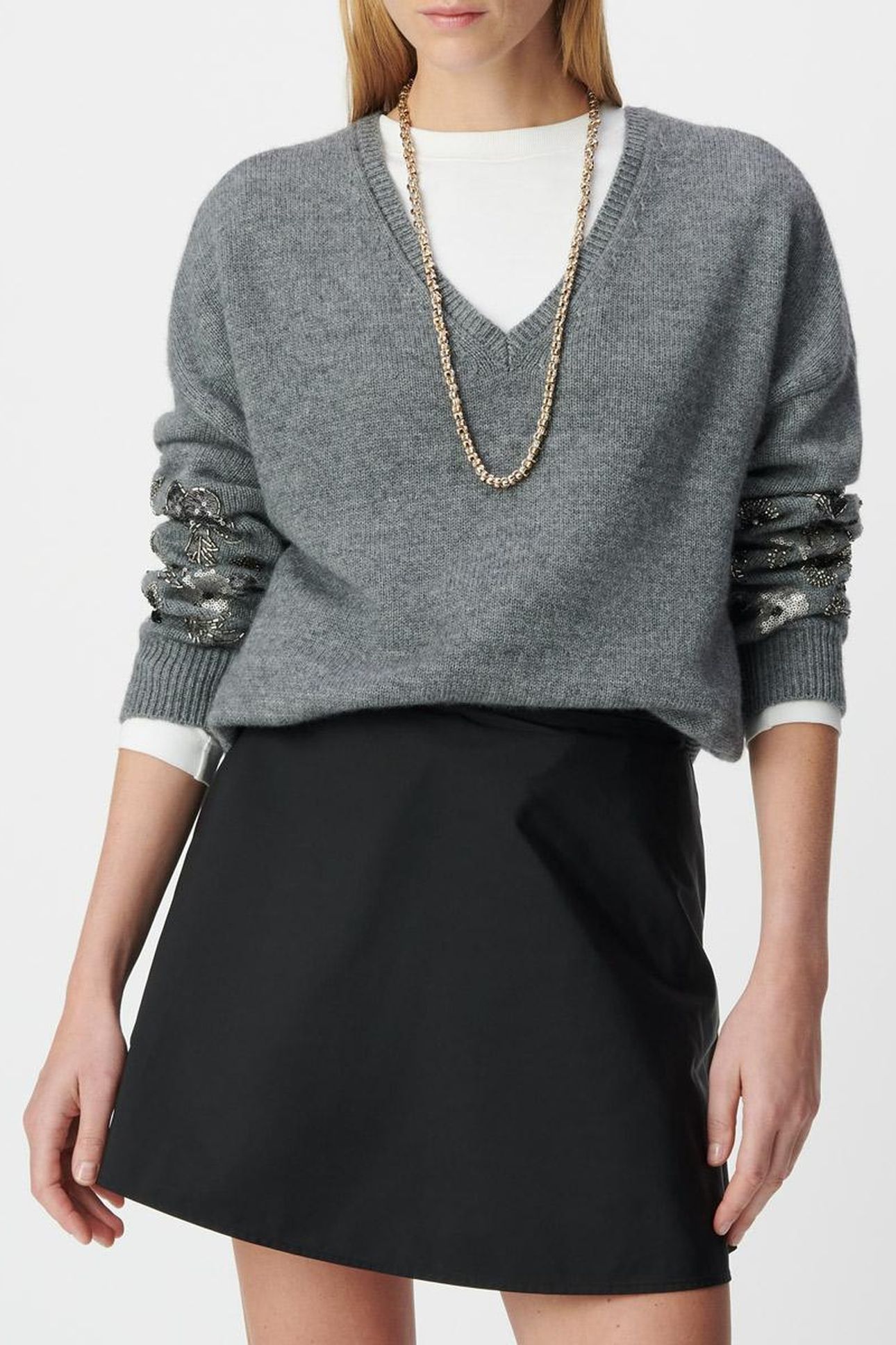 HEATHER GREY KNIT SWEATER WITH JEWEL DETAILS FOR WOMEN 1