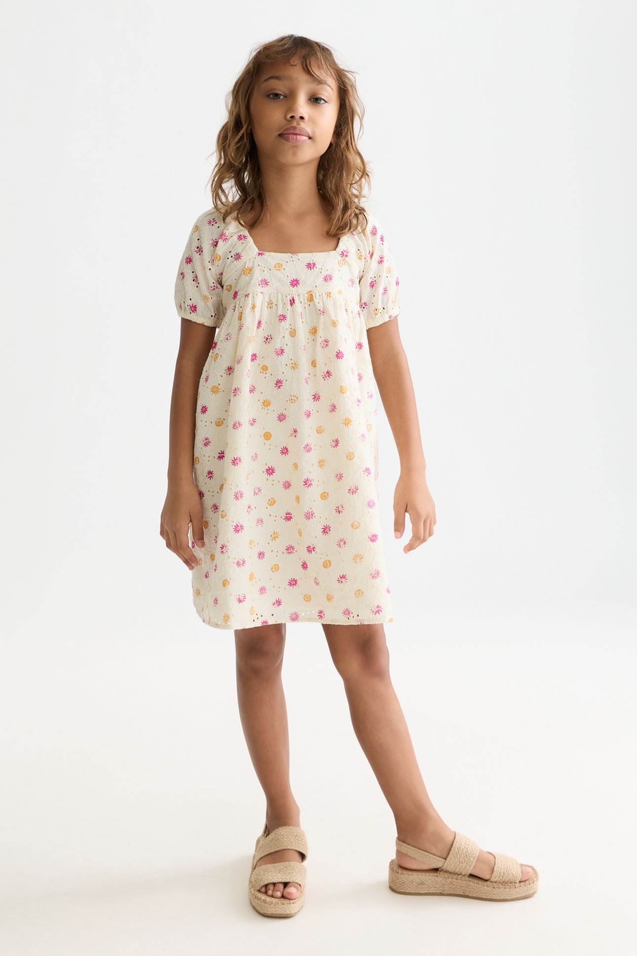 GIRLS PRINTED EMBROIDERED COTTON DRESS LIGHT BEIGE 1