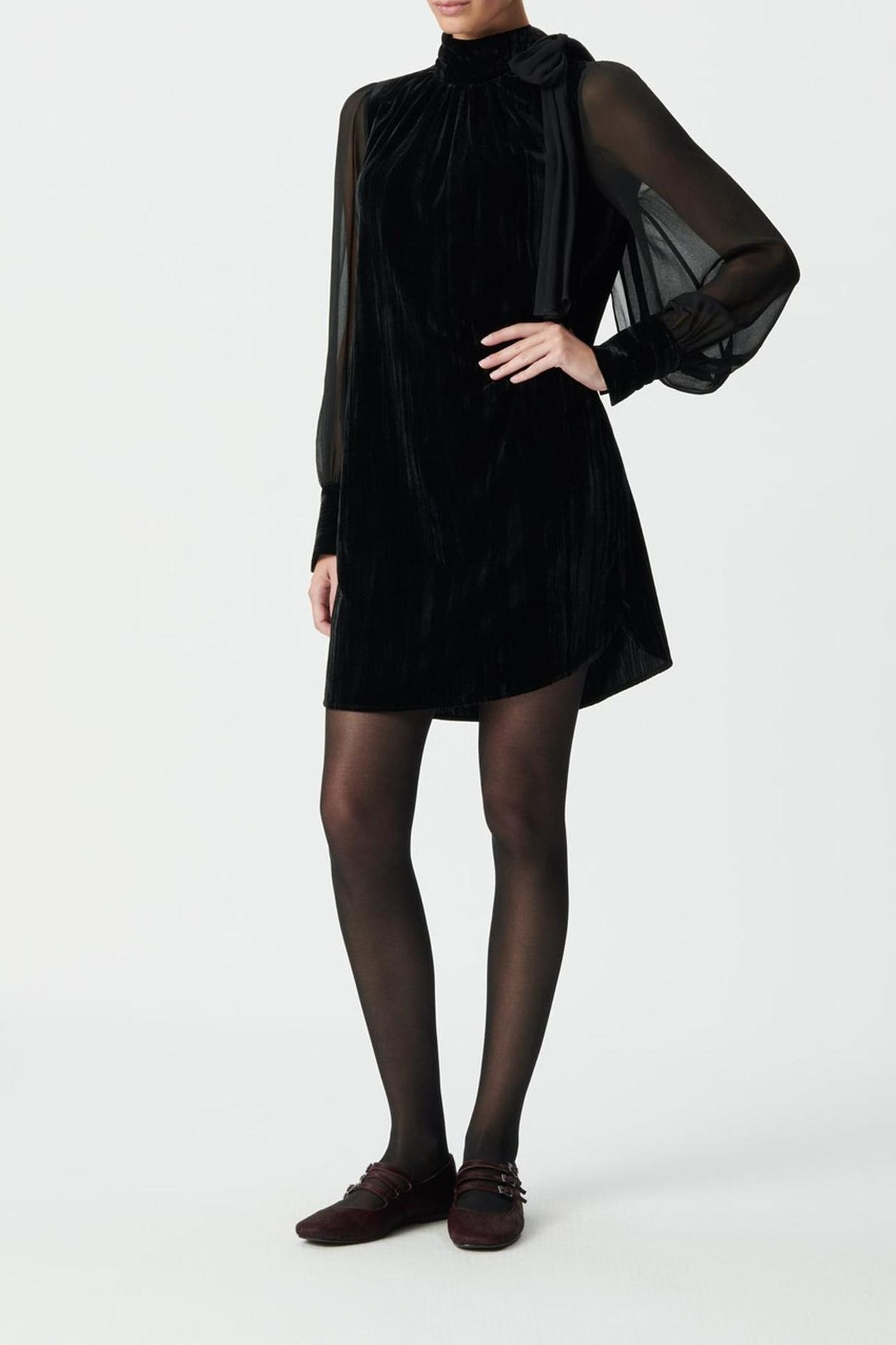 BLACK CRUSHED VELVET AND VOILE MIXED FABRIC DRESS 4