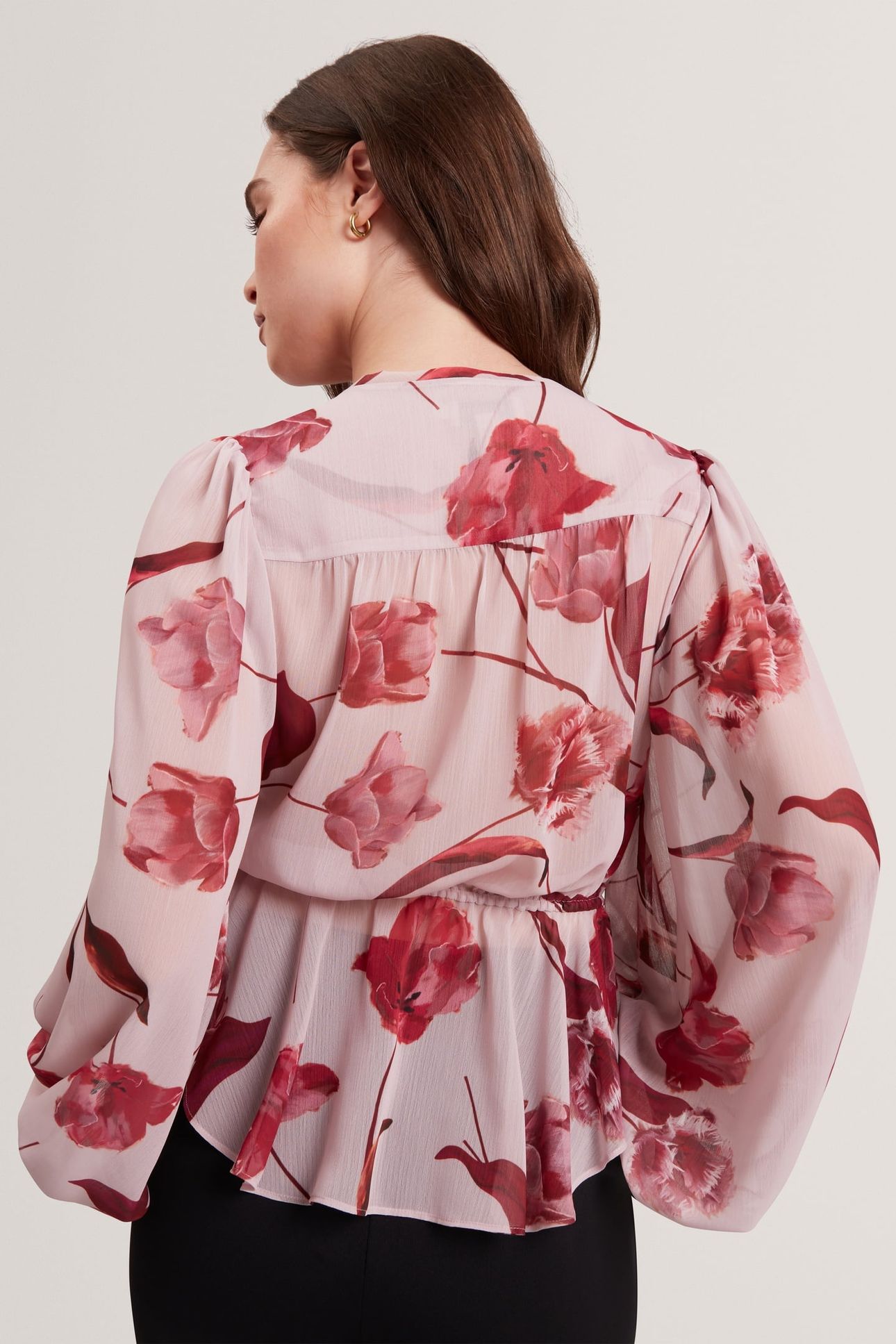 PRINTED TIE FRONT BALLOON SLEEVE BLOUSE PINK 2