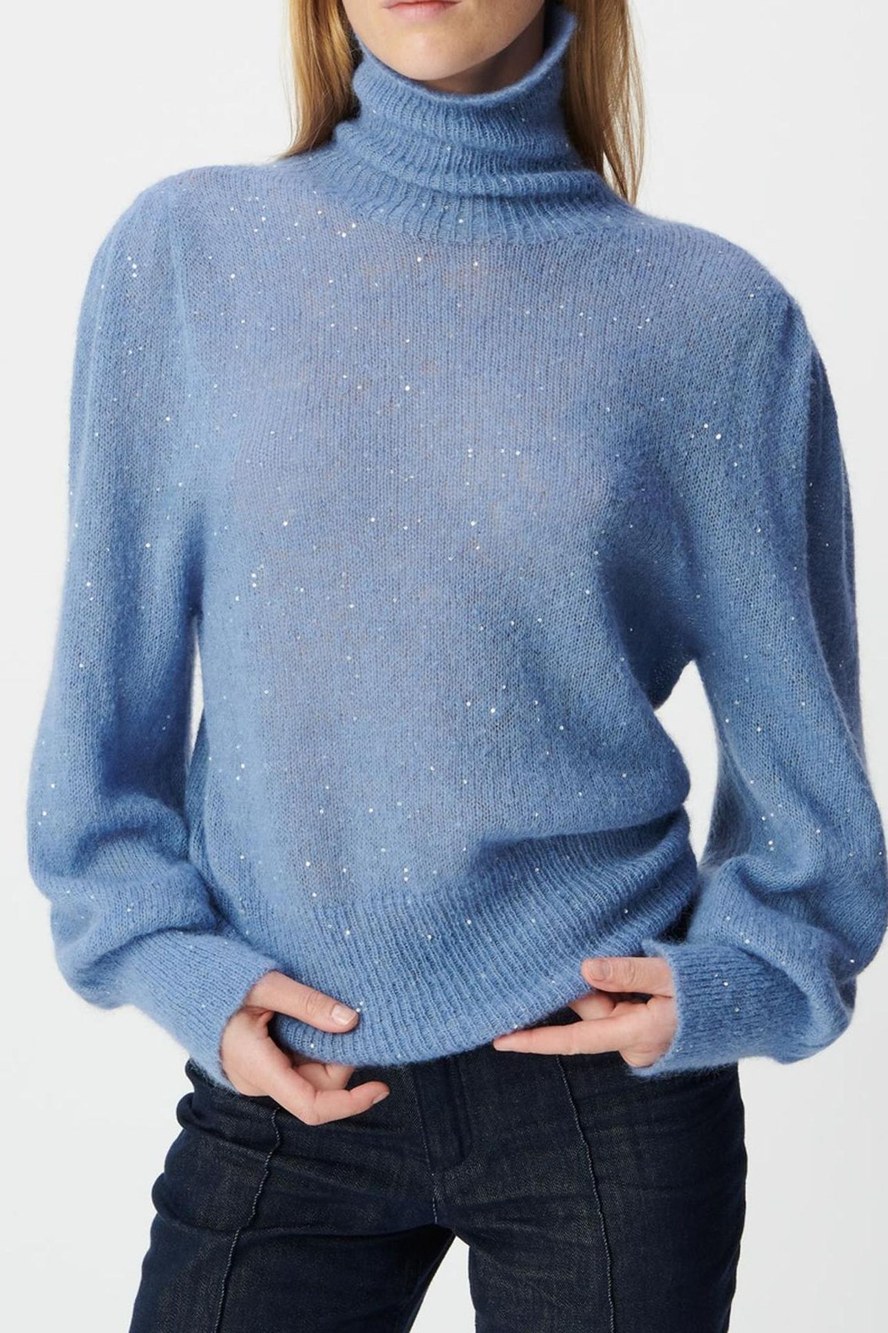 BLUE BALLOON-SLEEVE ROLL-NECK SWEATER, SEQUINS 1