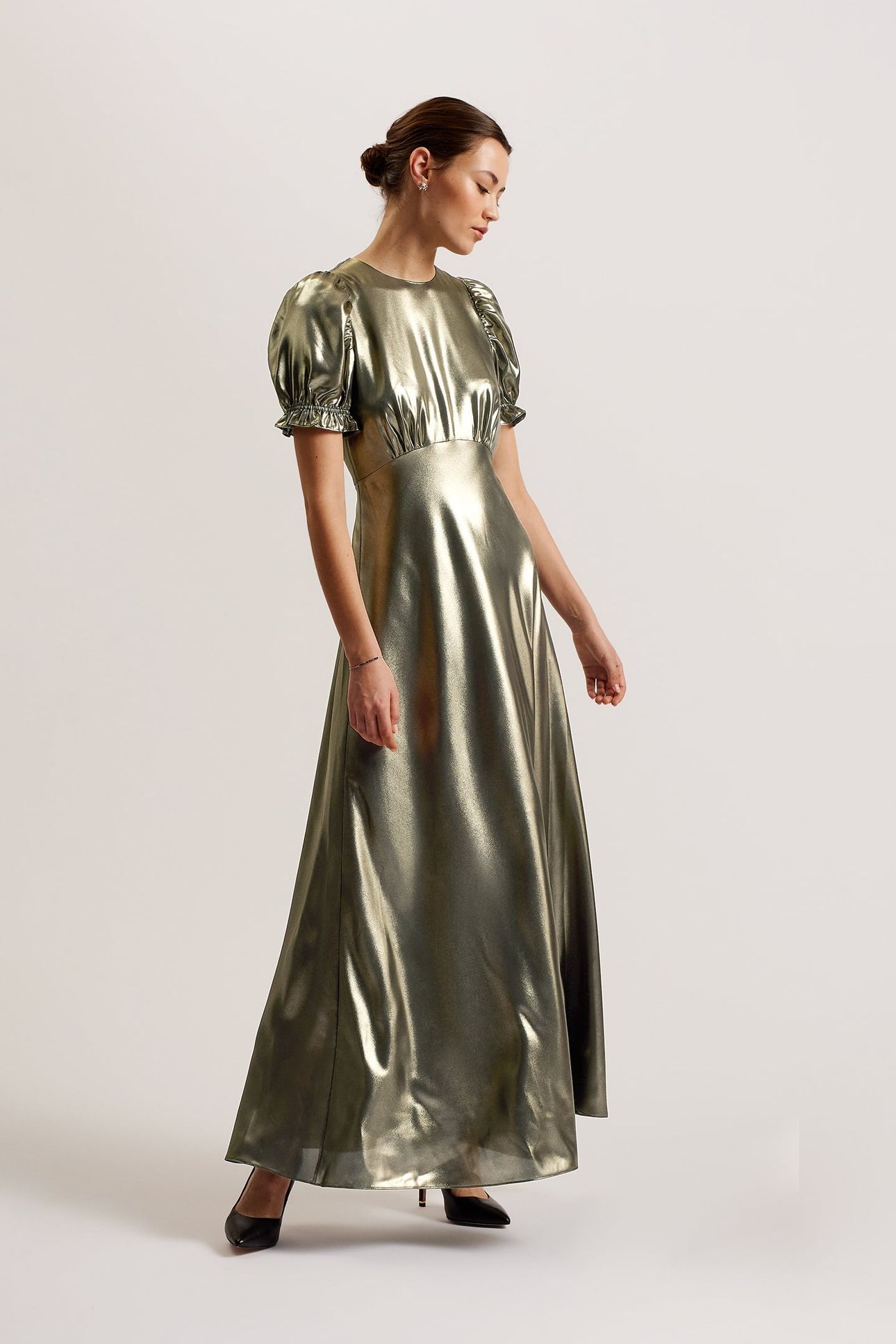 NUEL METALLIC PUFF SLEEVE MAXI DRESS GOLD 1