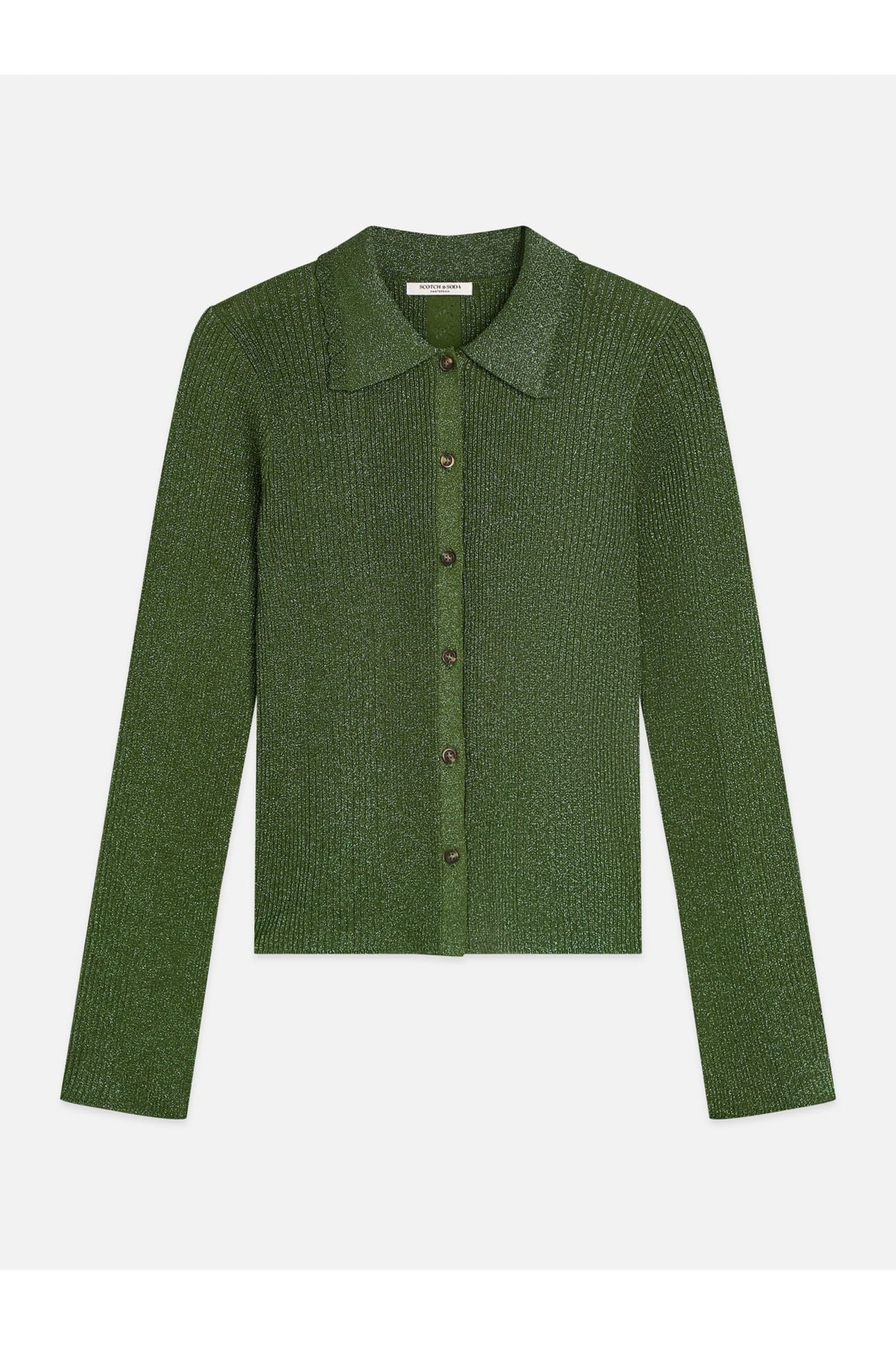 METALLIC RIBBED COLLARED CARDIGAN GARDEN GREEN 1