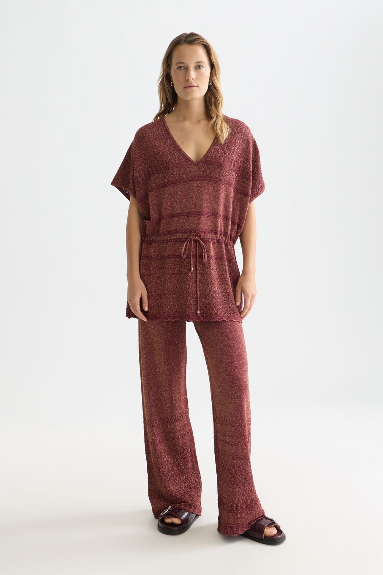 METALLIC POINTELLE KNITTED TROUSERS BURNT HENNA 3