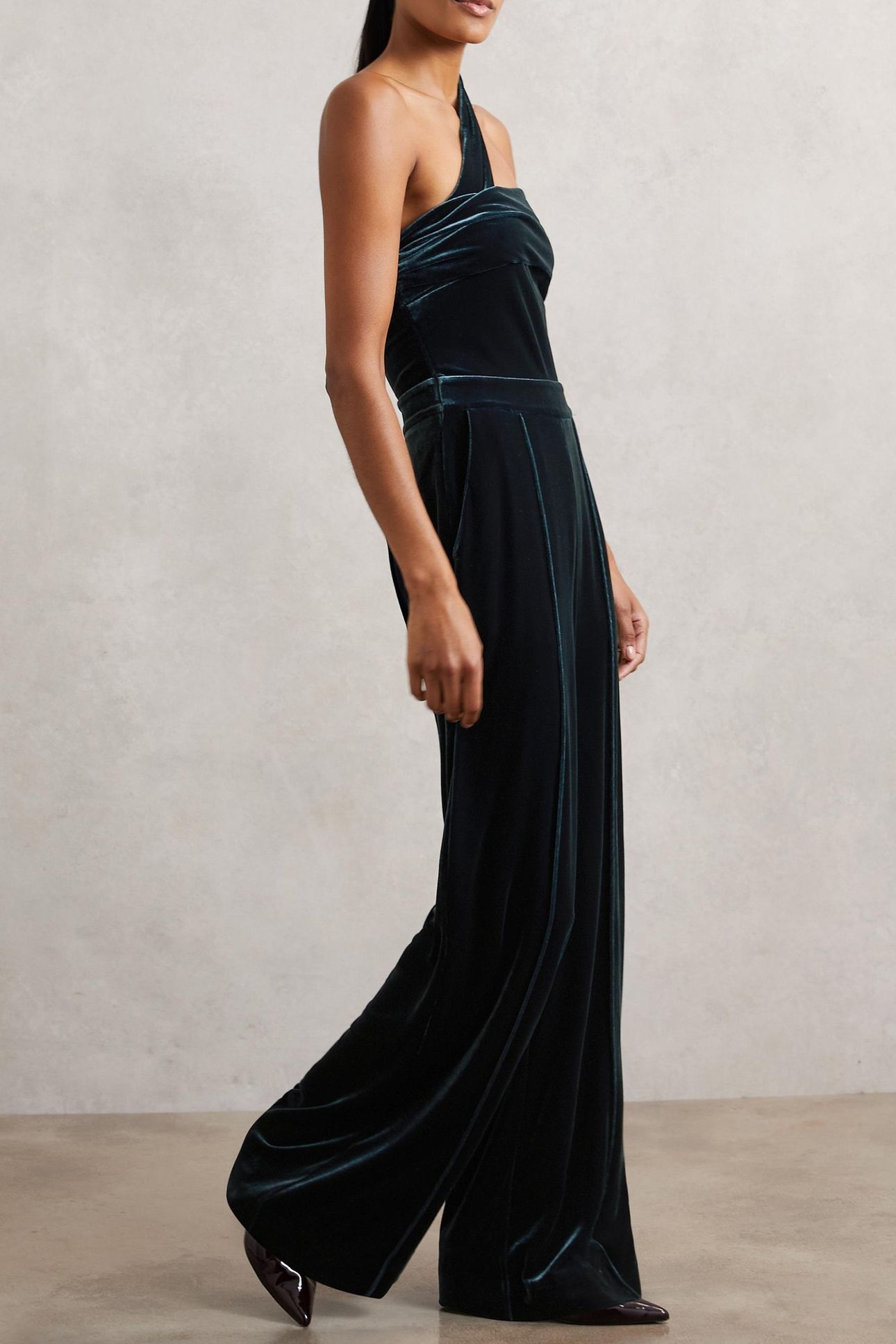 ONE SHOULDER VELVET JUMPSUIT TEAL GREEN 2