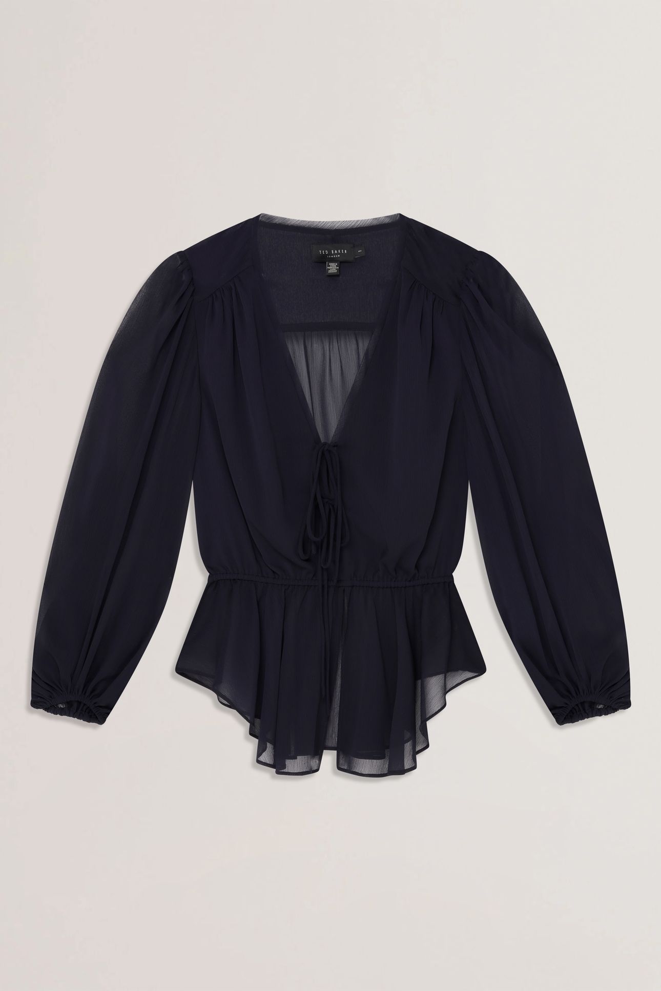 PRINTED TIE FRONT BALLOON SLEEVE BLOUSE NAVY 3