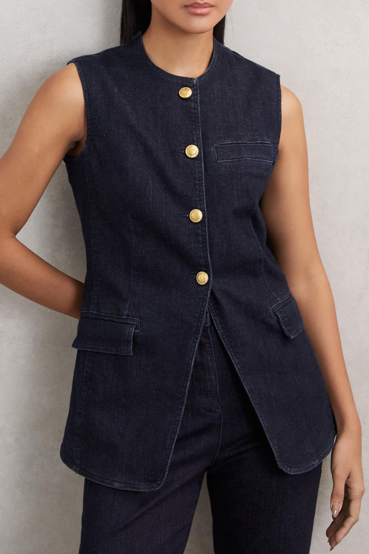 DENIM LONG LINE WAISTCOAT DARK BLUE 1
