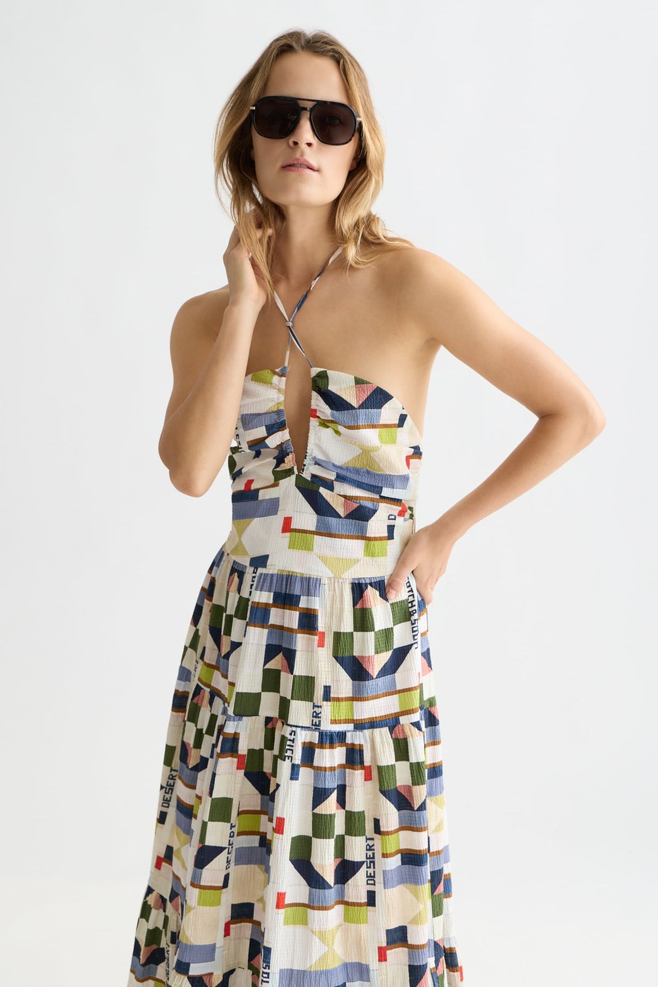 COTTON SEERSUCKER KEYHOLE HALTER MIDI DRESS PATCHWORK INFINI 6