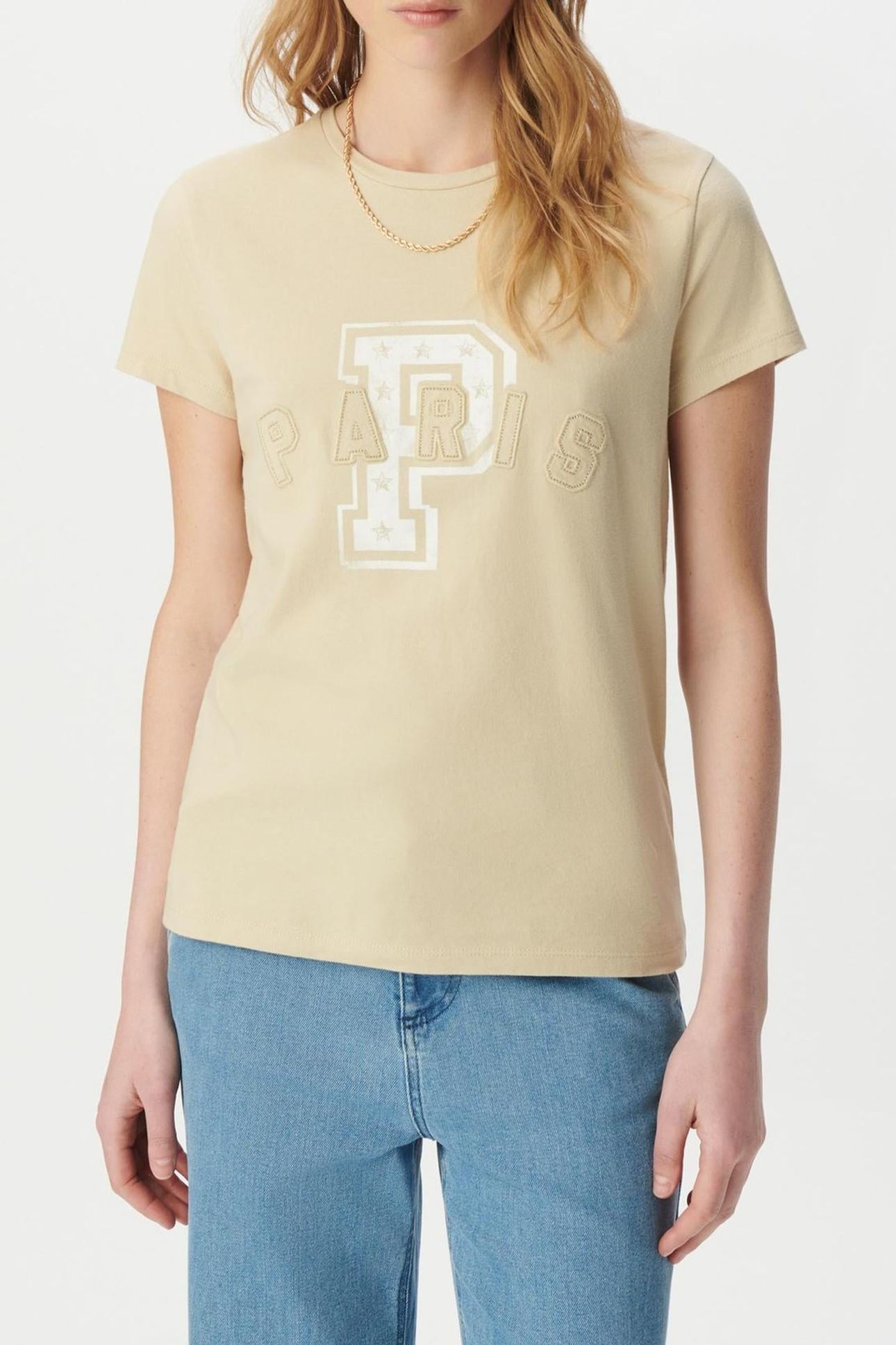 BEIGE T-SHIRT WITH EMBROIDERED LETTER SLOGAN 1