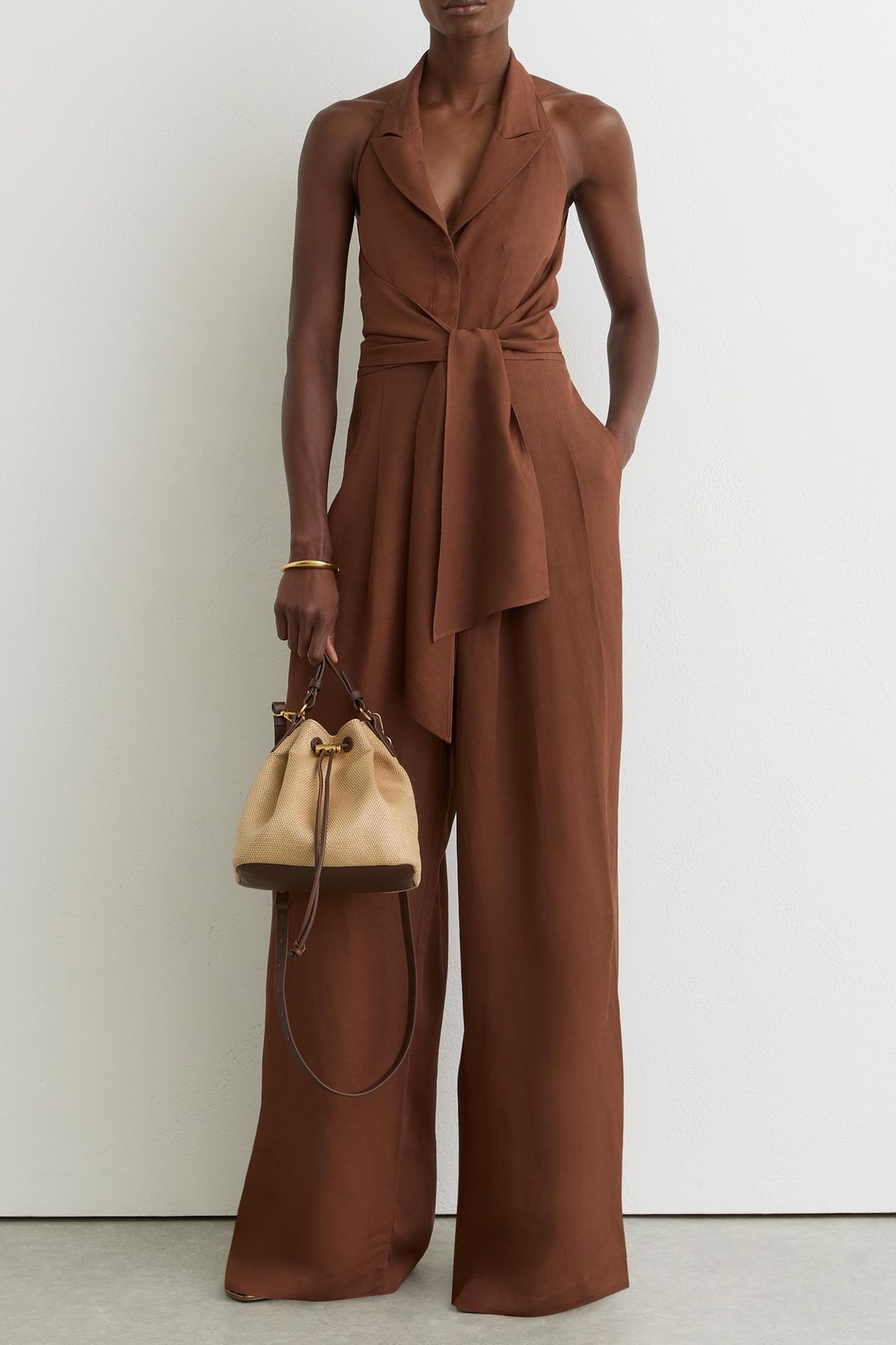 LIGHTWEIGHT TIE FRONT JUMPSUIT RUST ORANGE 1