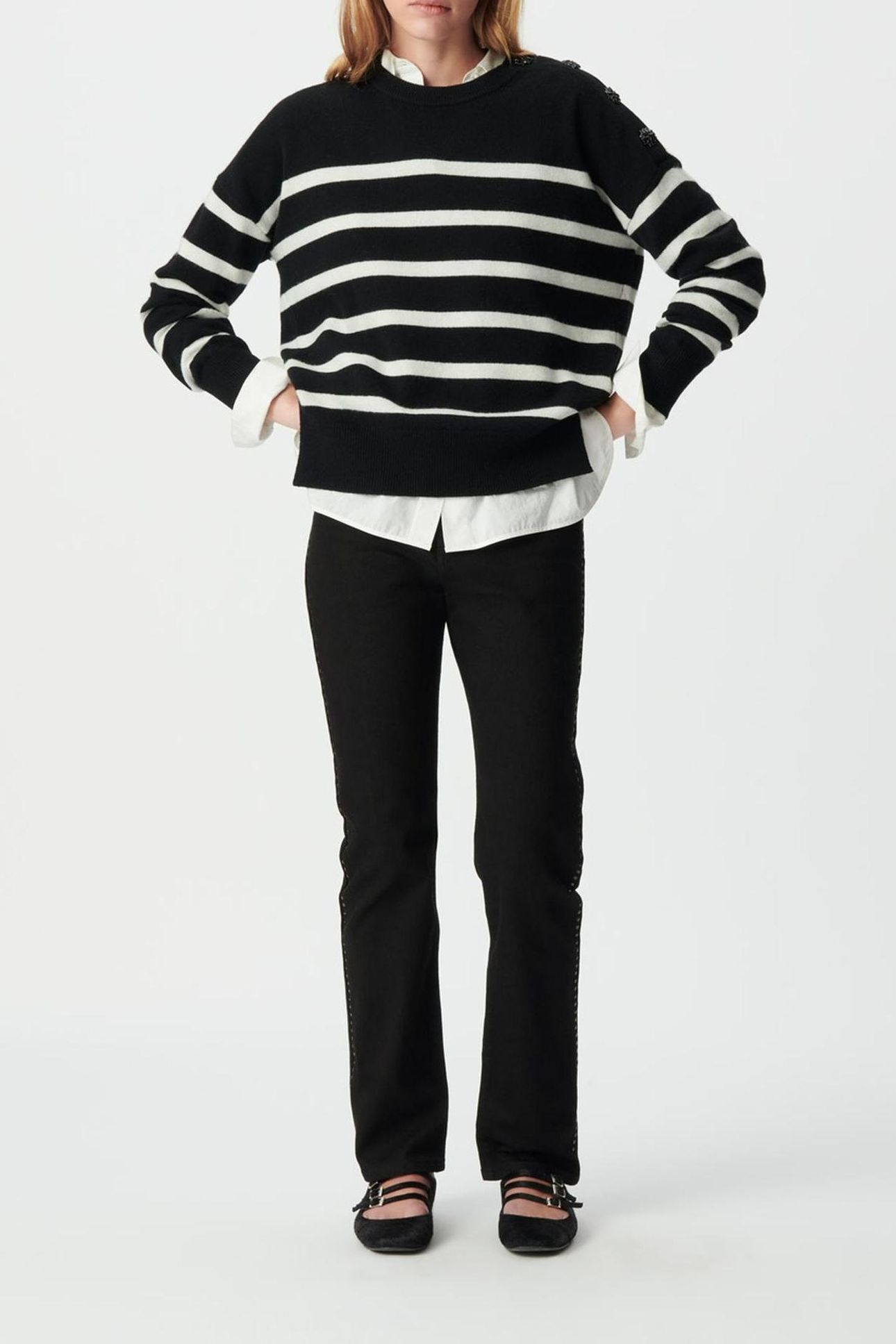 BLACK ECRU PURE WOOL SAILOR SWEATER, BUTTONS 3