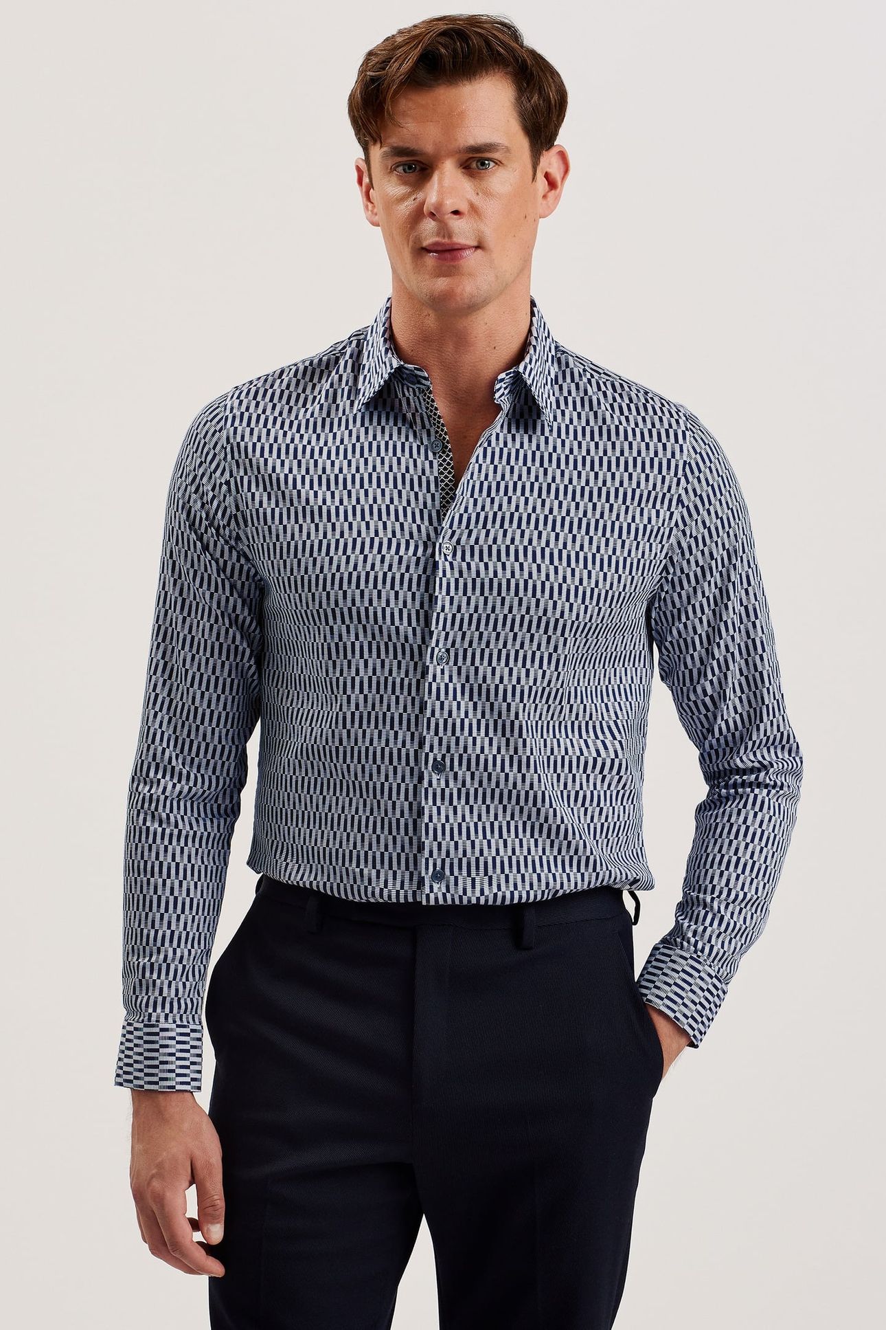 FRESTIN LS SLIM RETRO STRIPE GEO SHIRT NAVY 1