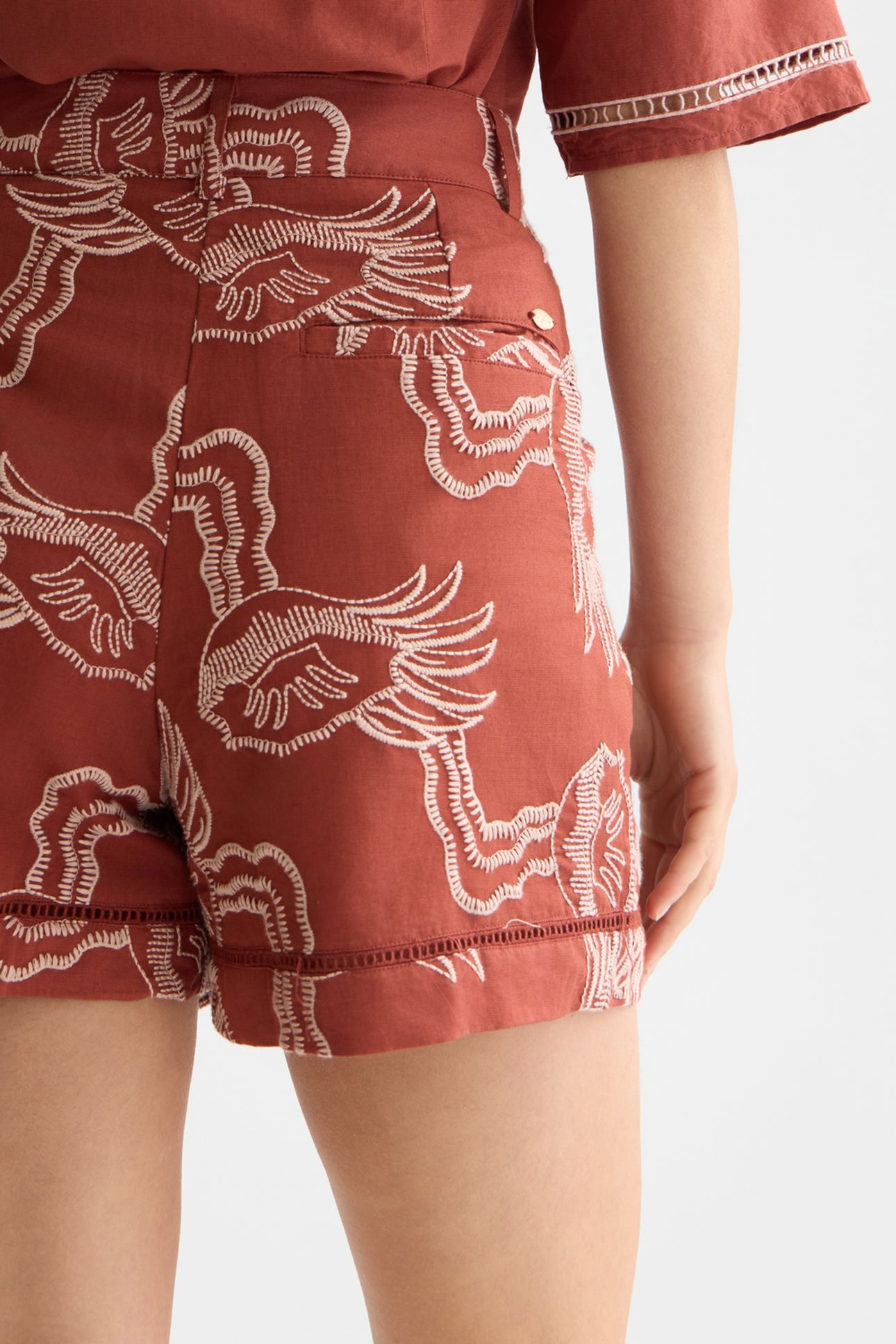 EMBROIDERED LINEN BLEND SHORTS BURNT HENNA 6