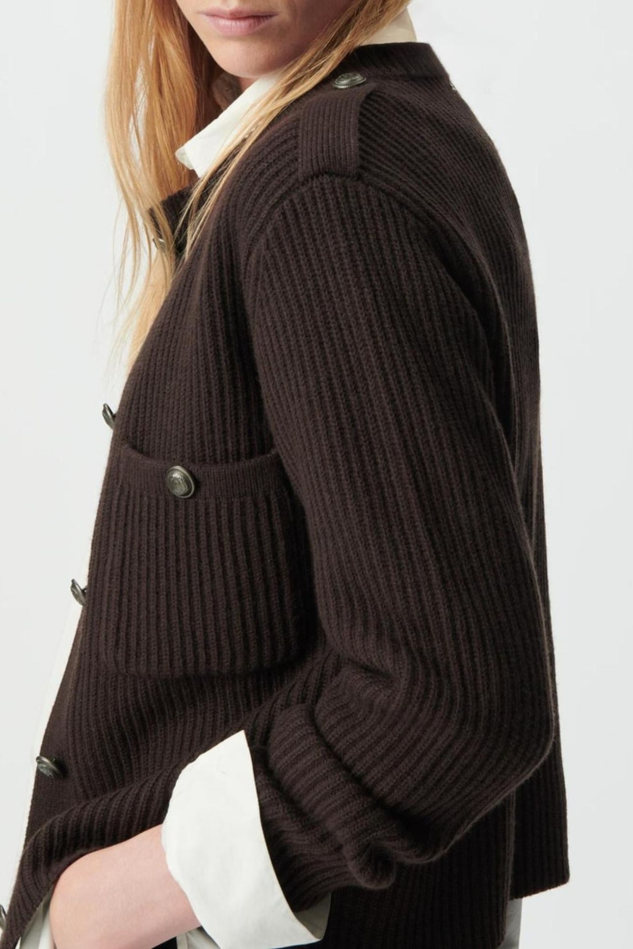 BROWN PURE WOOL RIBBED SHORT CARDIGAN 5