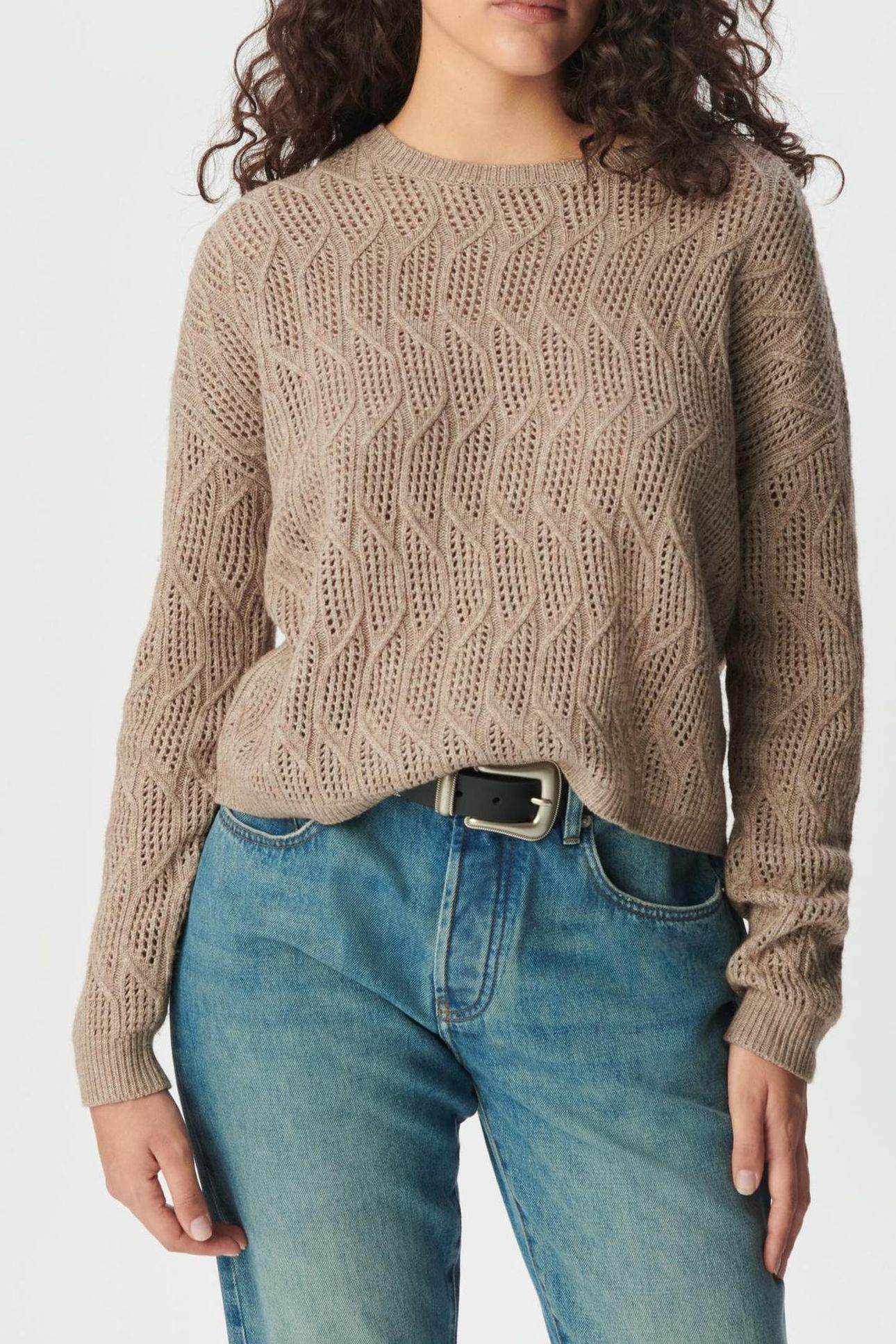 BEIGE DECORATIVE OPENWORK KNIT SWEATER 1