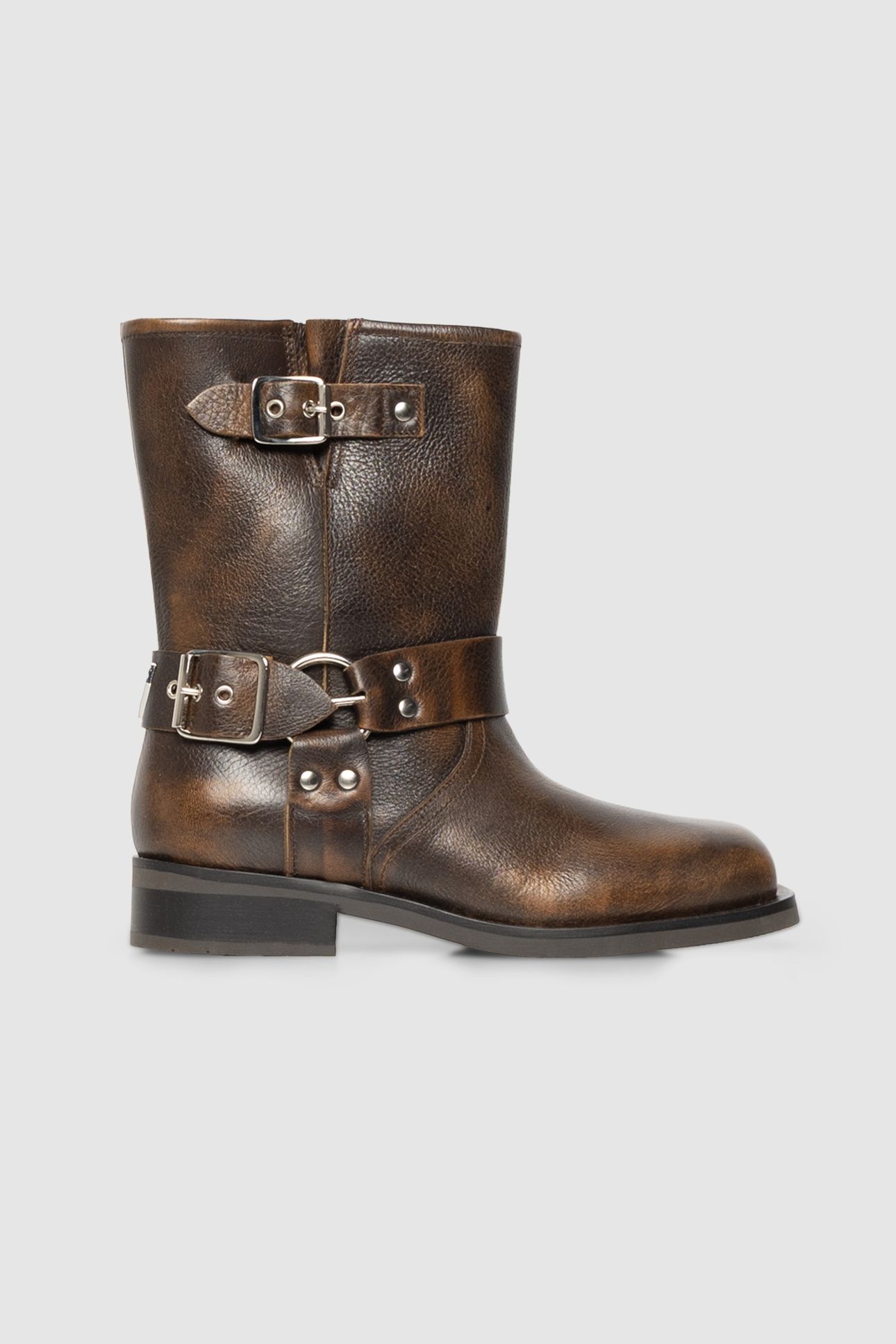 BROWN LEATHER BIKER BOOTS WITH THREE BUCKLES 1