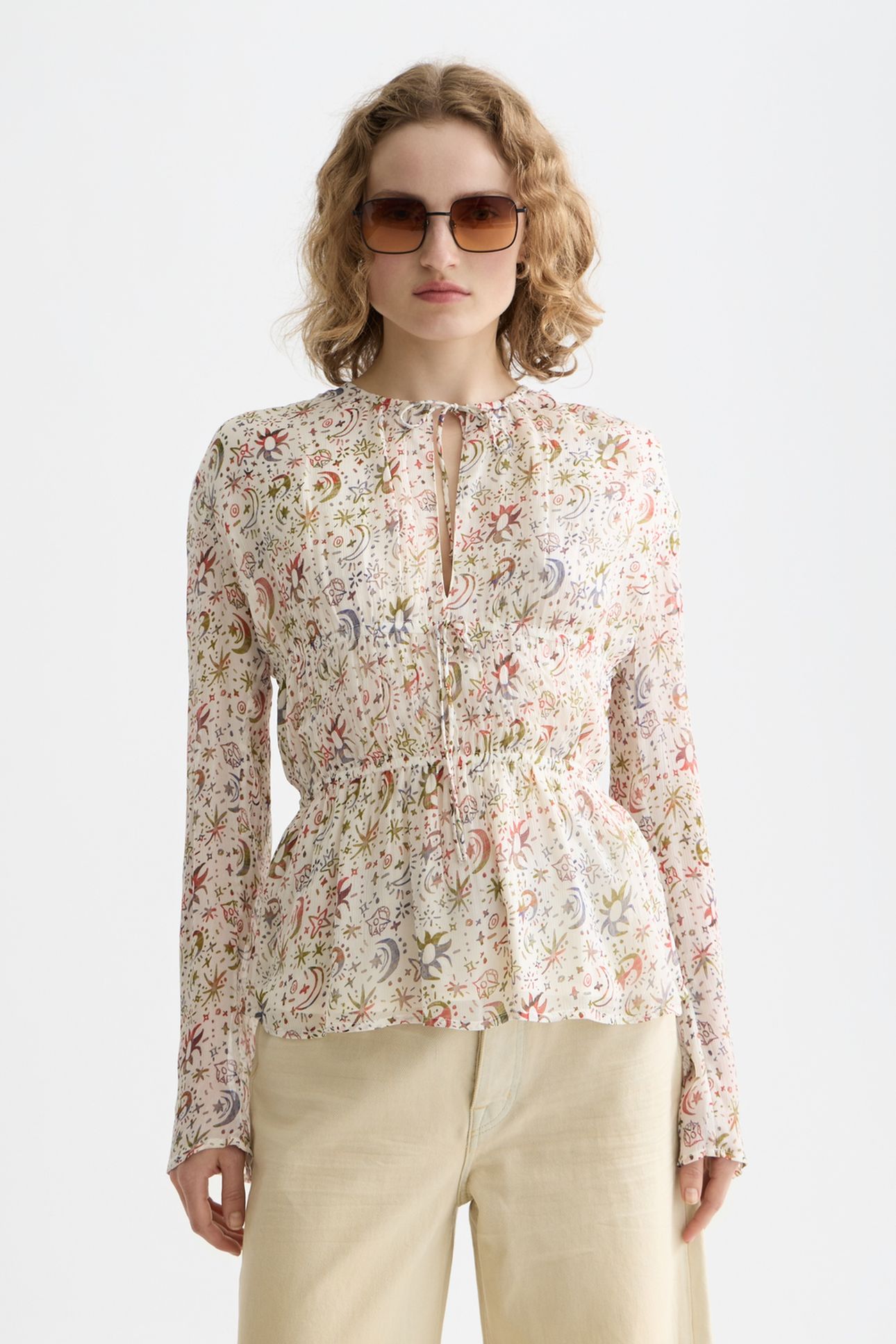 PRINTED TIED FRONT WOVEN TOP COSMIC SKY EGGNOG 1