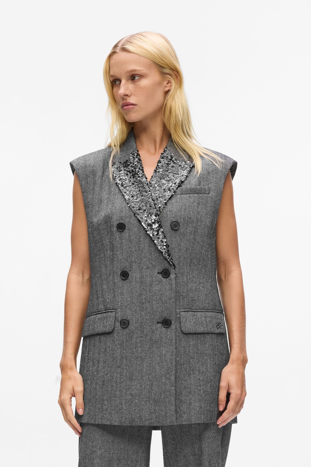 EMBELLISHED LAPEL TWEED GILET GREY/BLACK 1