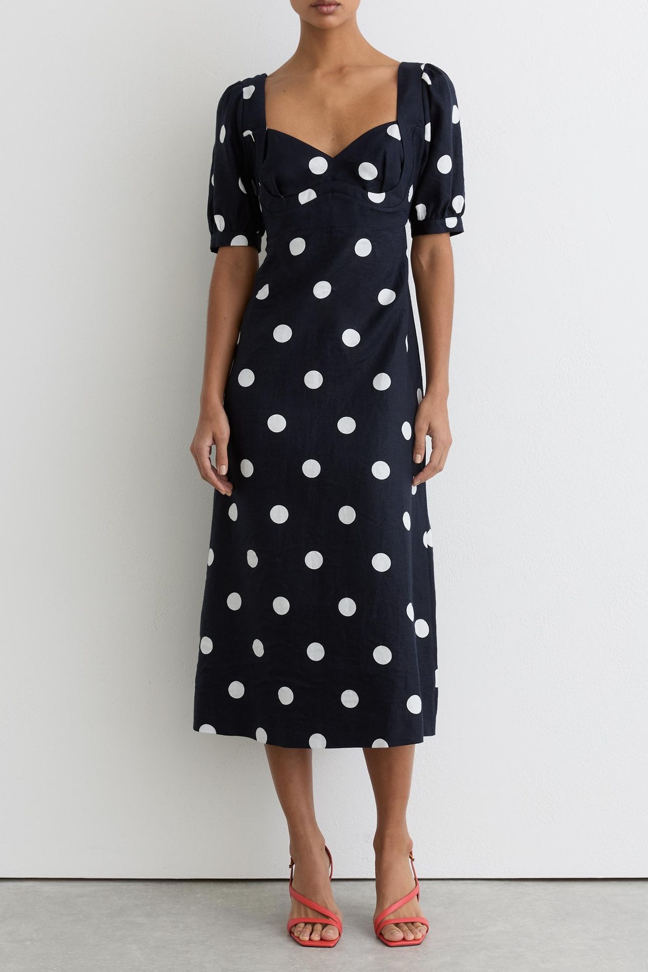 SHORT SLEEVE POLKA DOT MIDI DRESS NAVY/IVORY 1