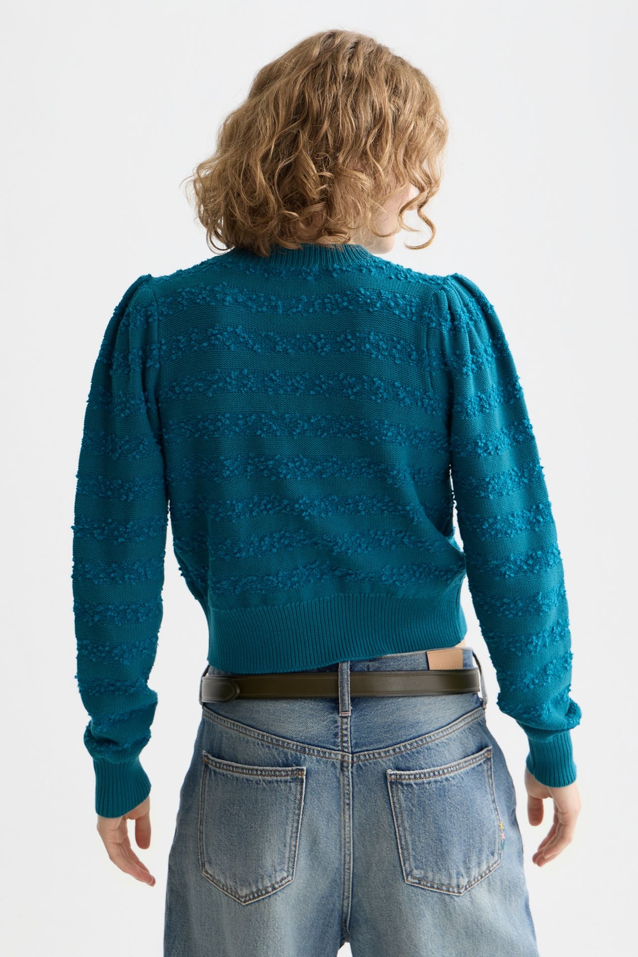 BOUCLÉ STRIPE CREW NECK CARDIGAN DEEP LAGOON 2