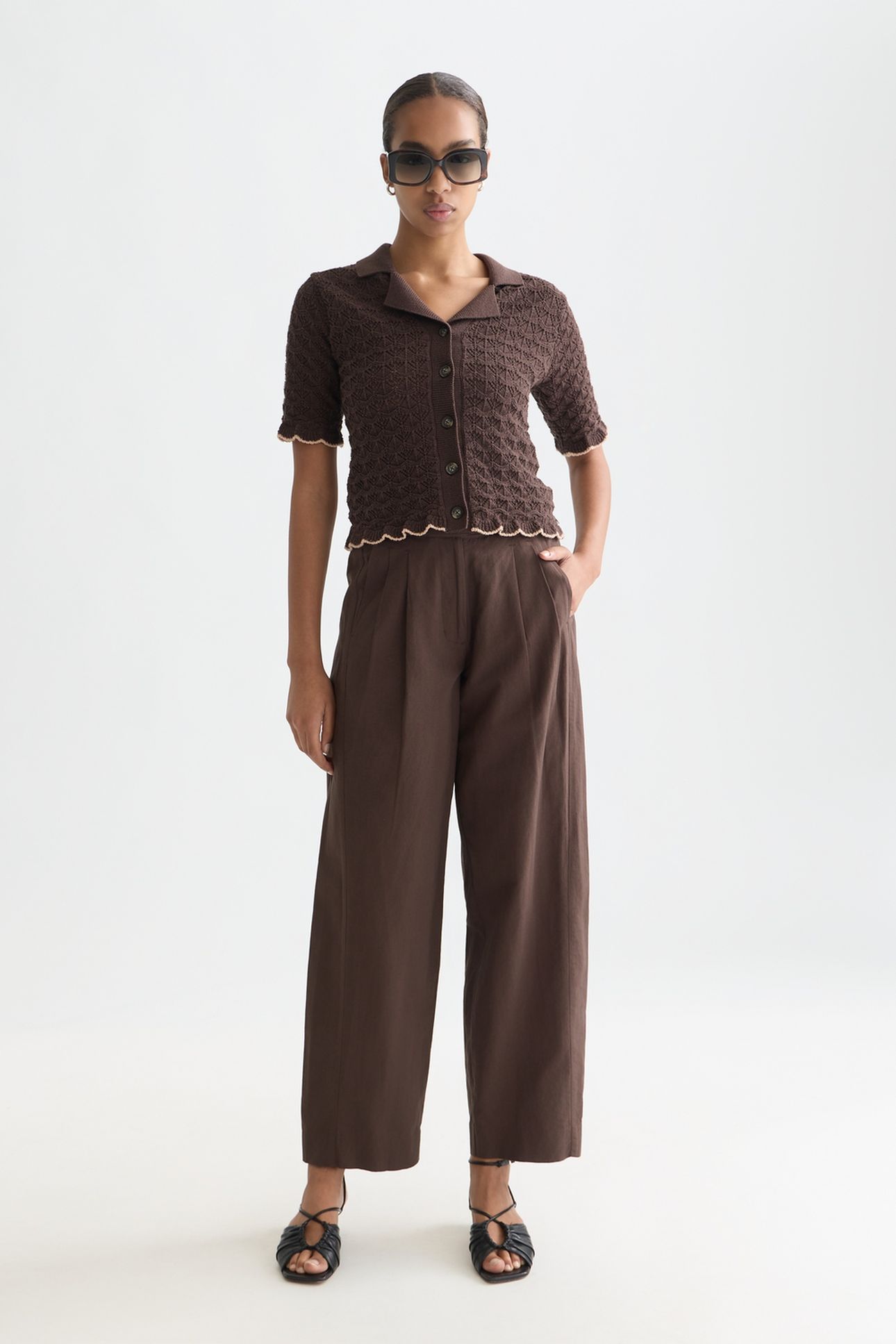 POINTELLE SHORT SLEEVE CARDIGAN HOT FUDGE 3