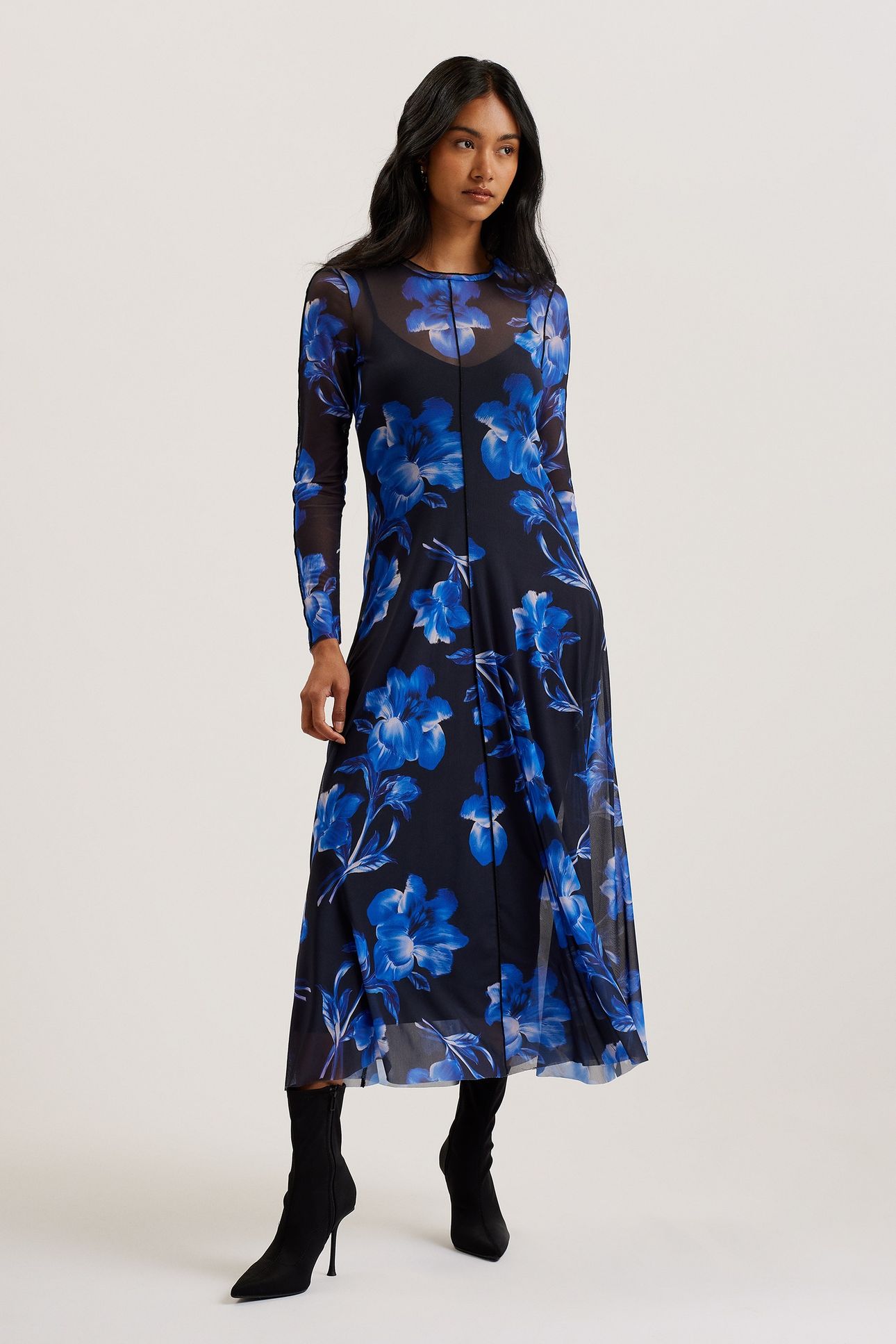 ROZEEN MESH LONG SLEEVE PRINTED MIDI BLUE 1