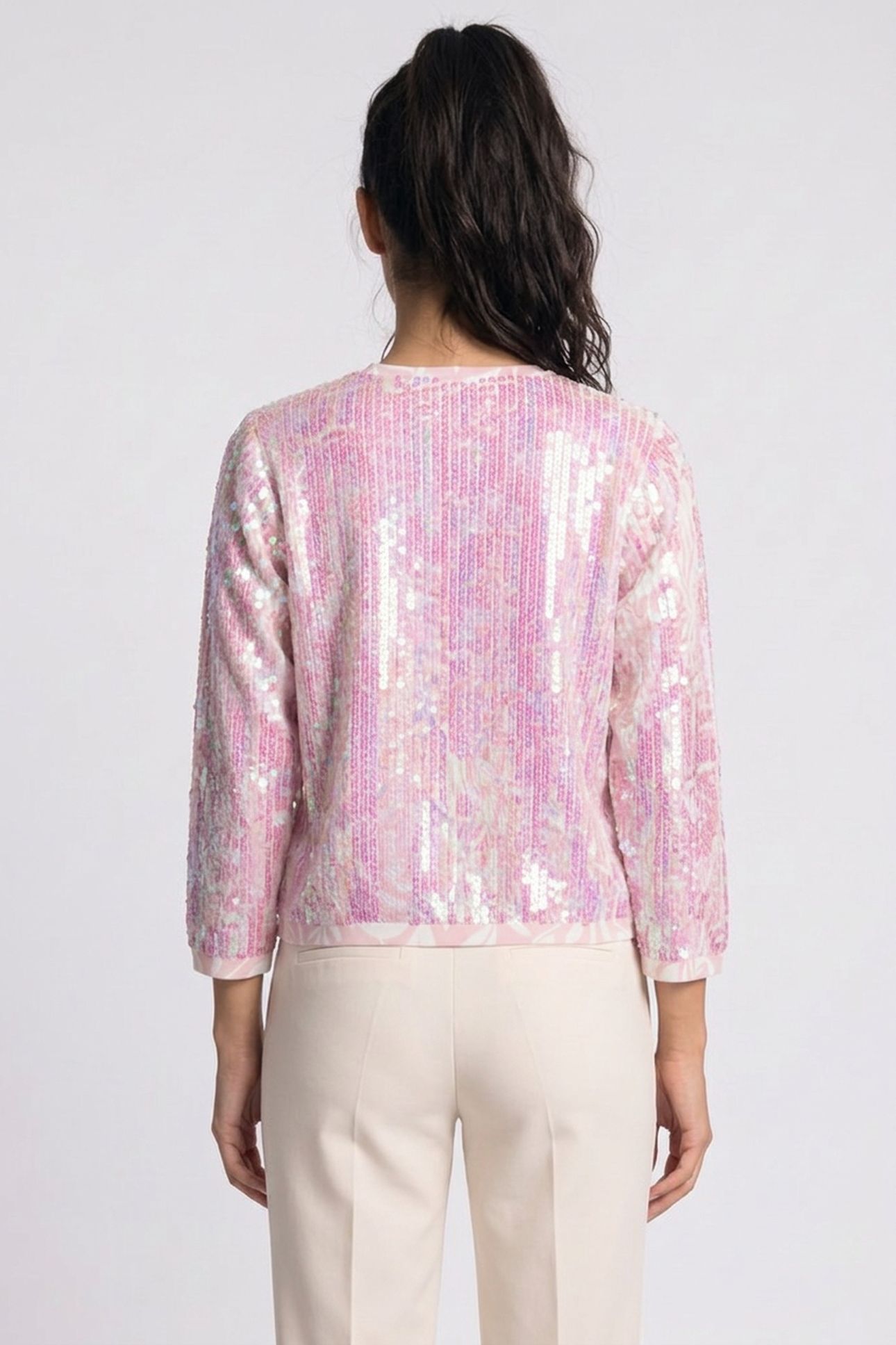 TSERIA PRINTED SEQUIN CROPPED CARDIGAN PINK 2