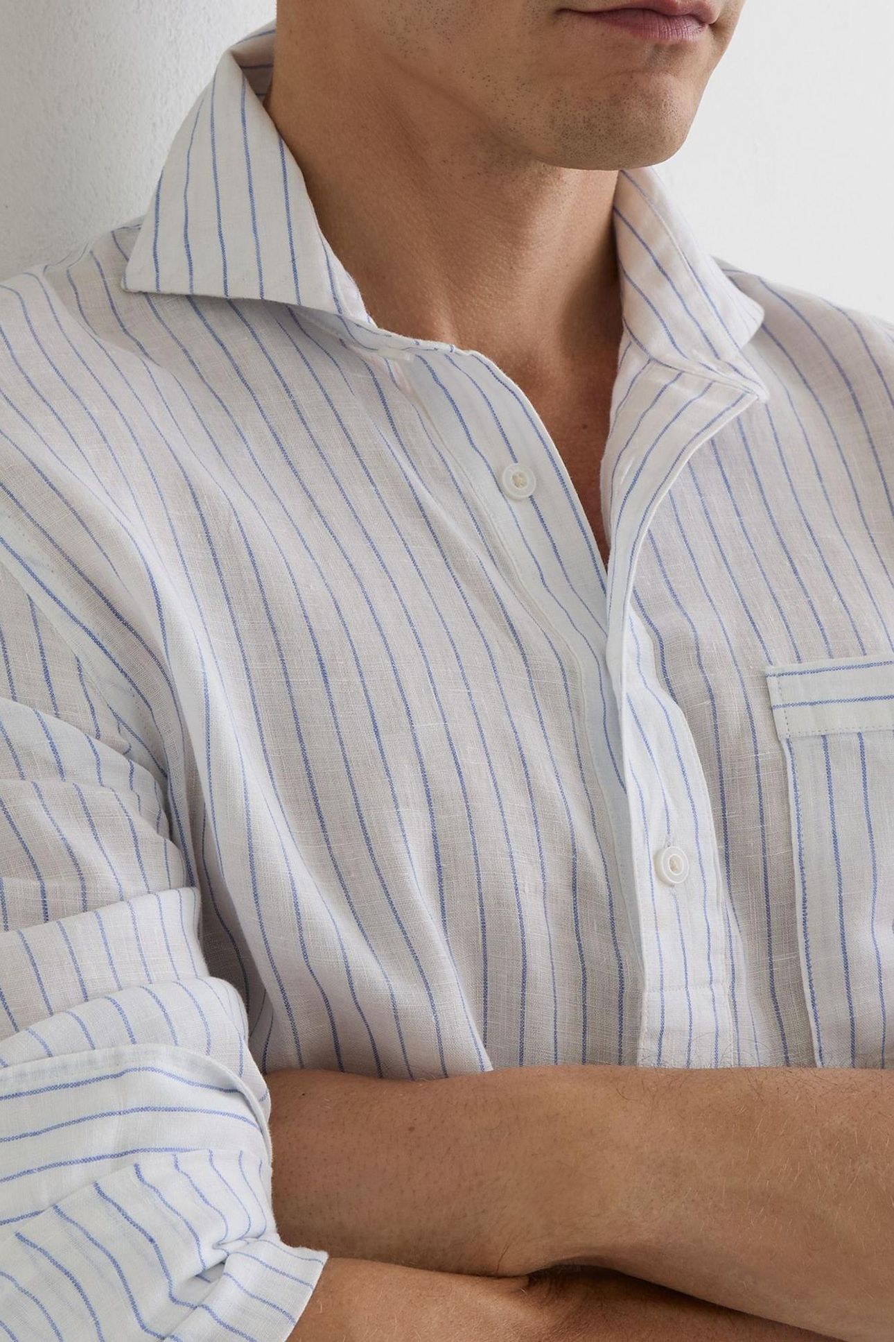 LS HALF BUTTON LINEN SHIRT AIRFORCE BLUE/WHITE STRIPE 5