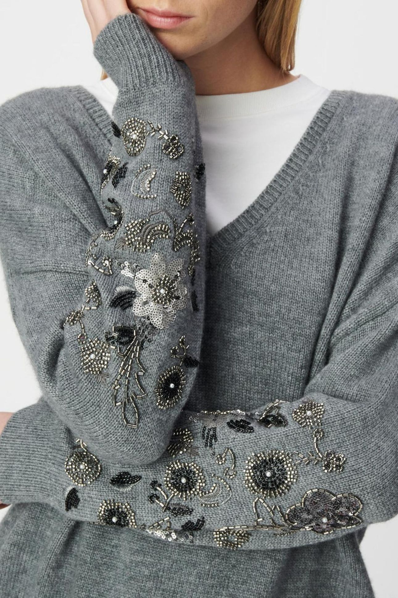HEATHER GREY KNIT SWEATER WITH JEWEL DETAILS FOR WOMEN 4