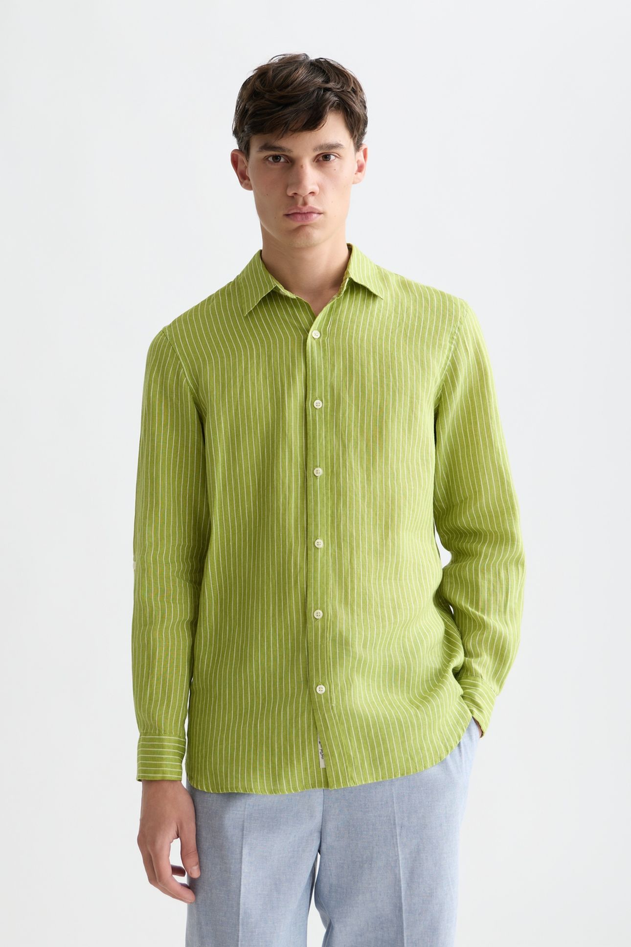 LINEN STRIPED REGULARFIT SHIRT DARK GREEN 1
