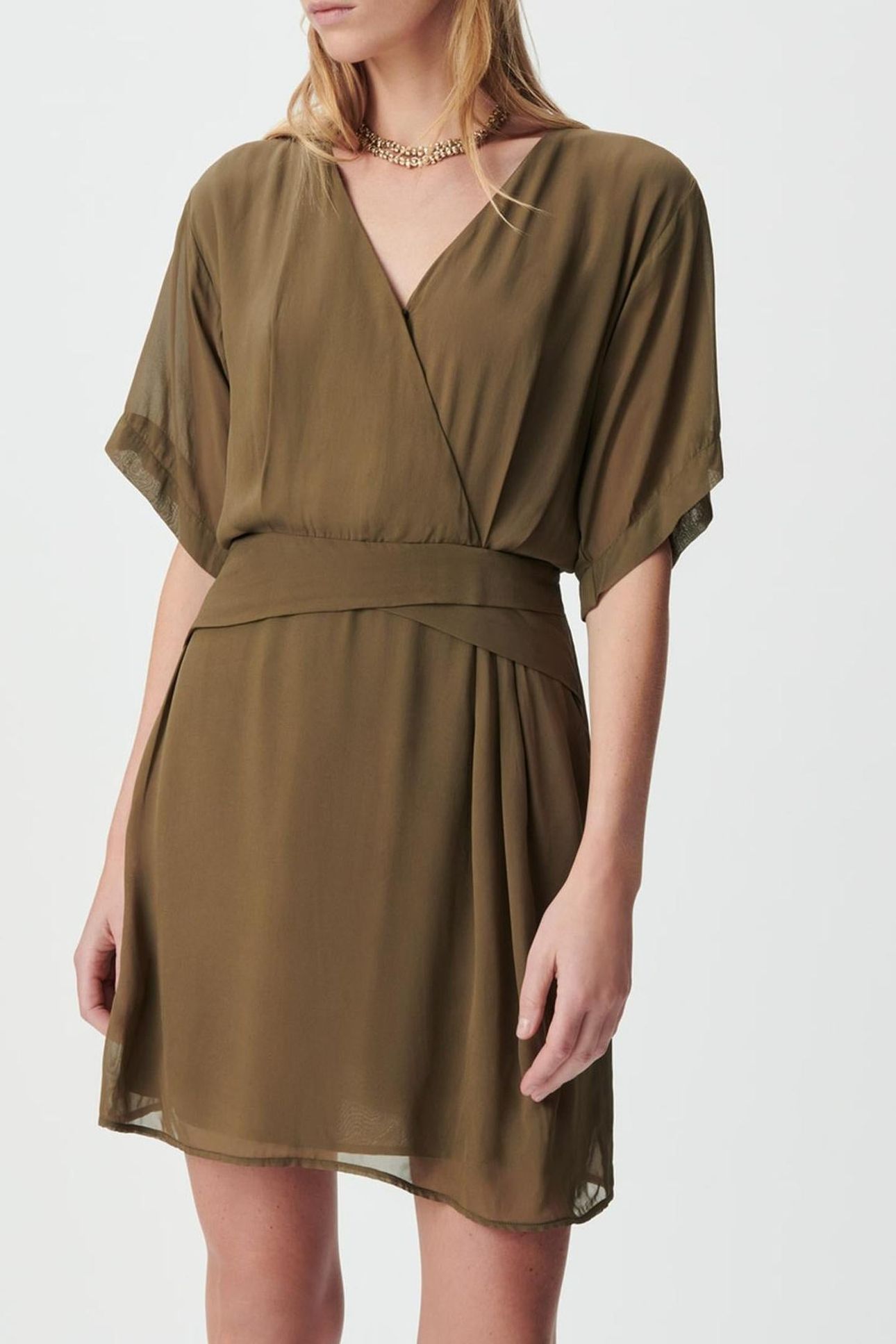 KHAKI WRAP DRESS WITH DRAPED WAIST 1