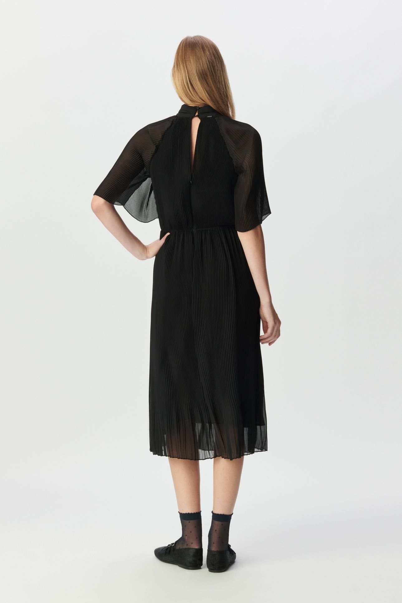 BLACK PLEATED VOILE DRESSY MIDI DRESS 2
