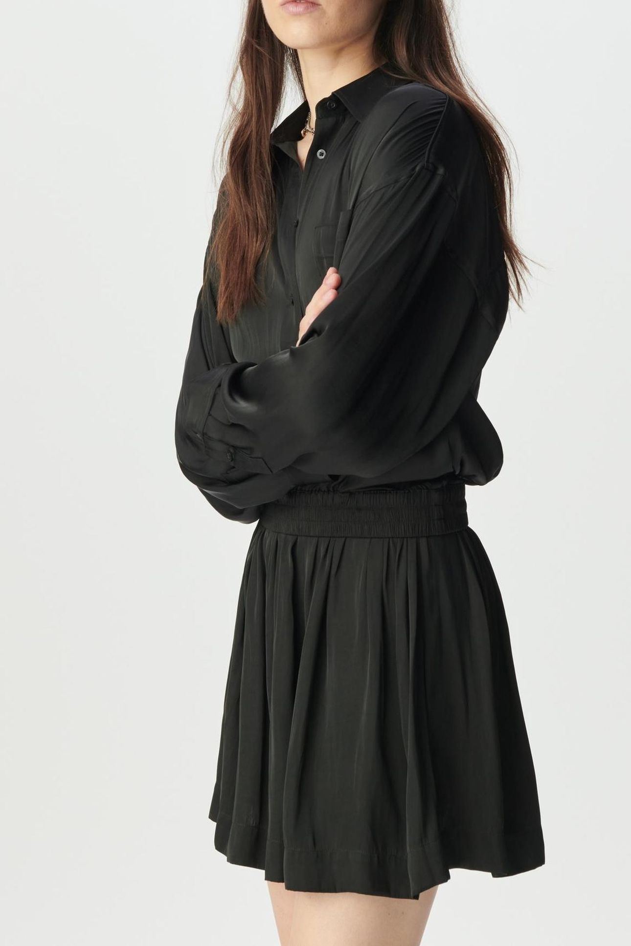 BLACK SATIN TROMPE-L'OEIL SHIRT DRESS 3