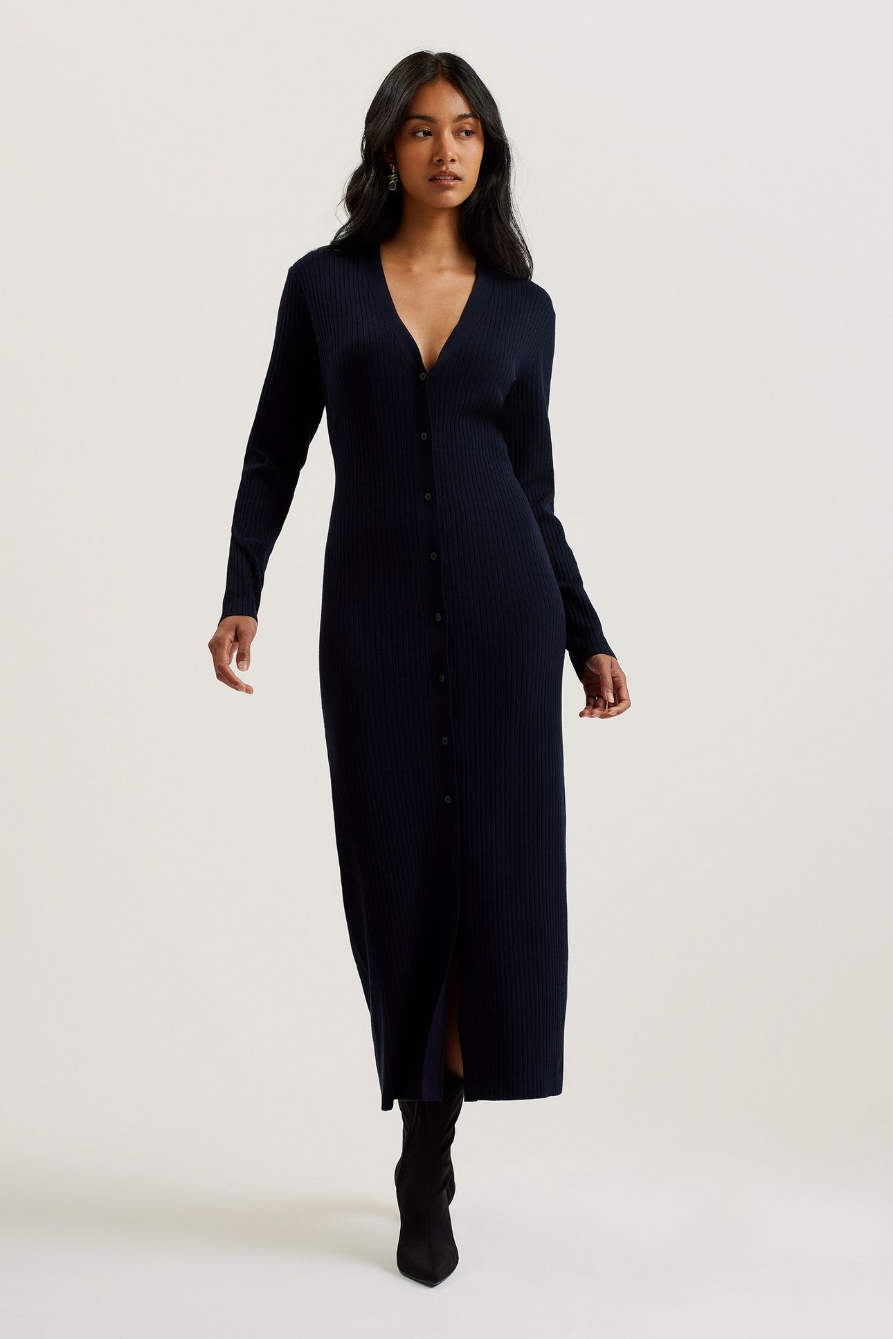 ELMHAA RIBBED KNITTED V NECK MAXI CARDIGAN NAVY 1