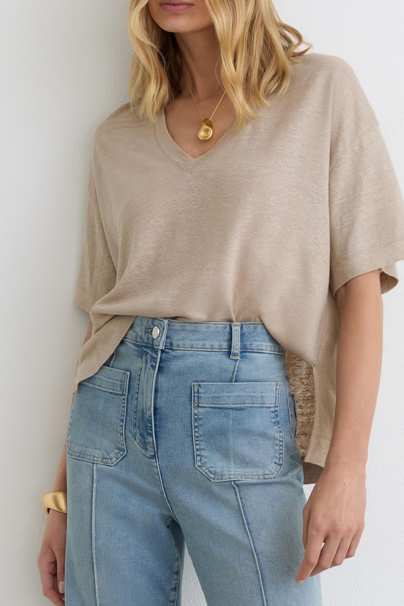 RELAXED V NECK LINEN TEE STONE NEUTRAL 1