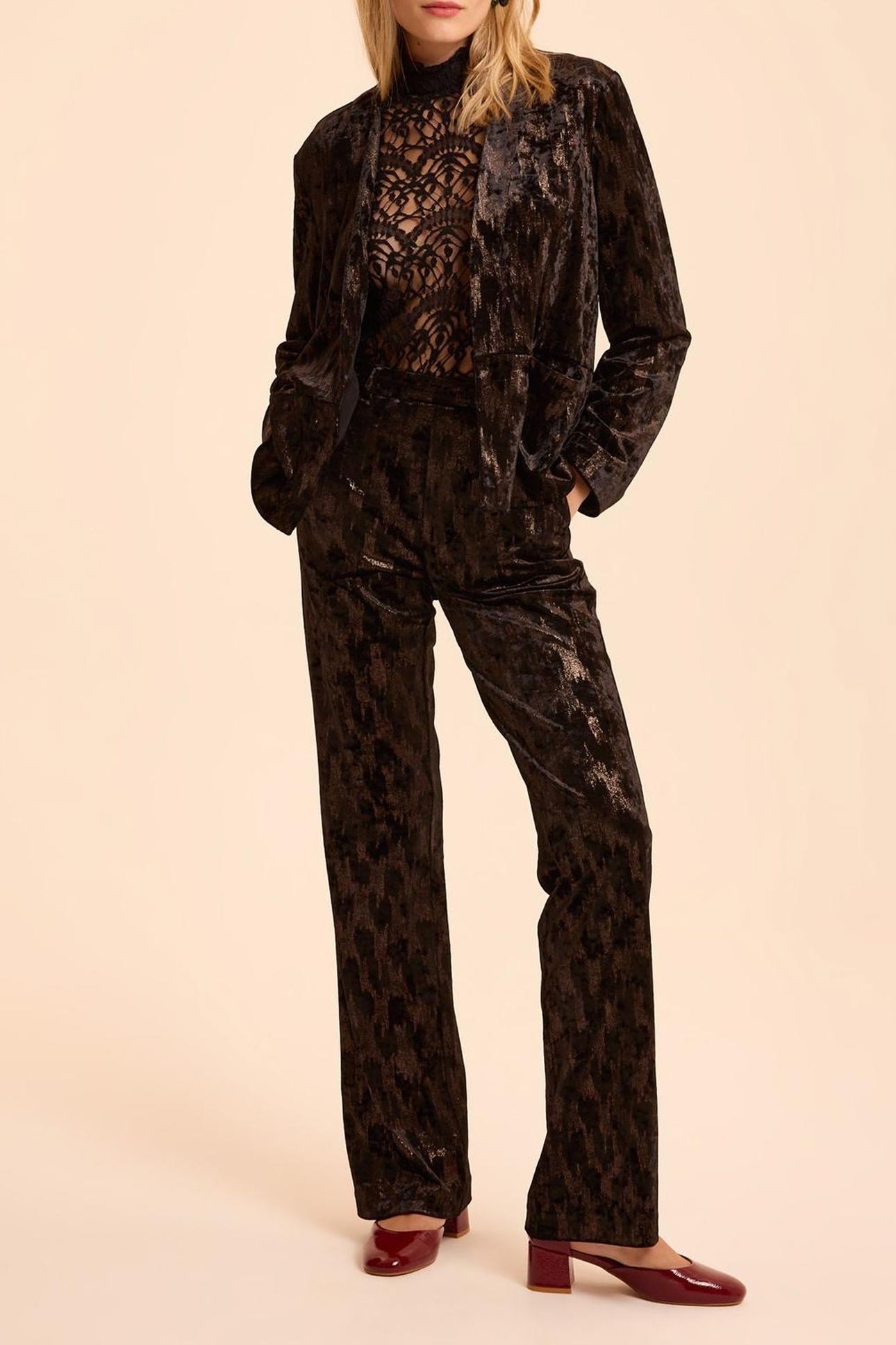BLACK VELVET TROUSERS WITH TACHIST MOTIF 5