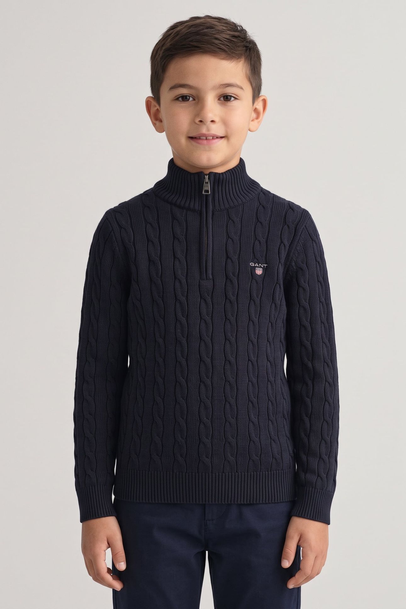 TEEN UNISEX COTTON CABLE HALF ZIP EVENING BLUE 1